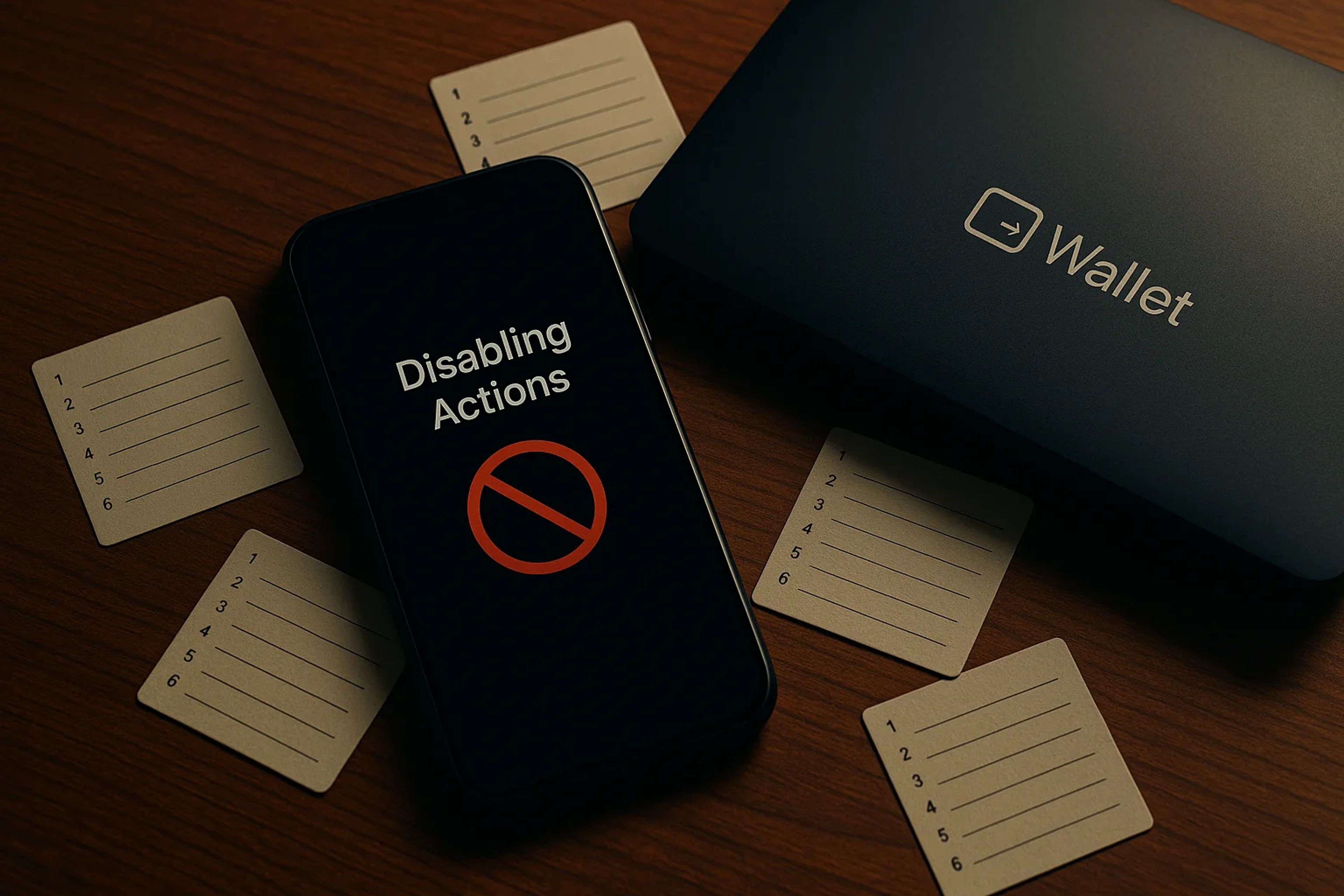 Smartphone on a wooden surface with cards around