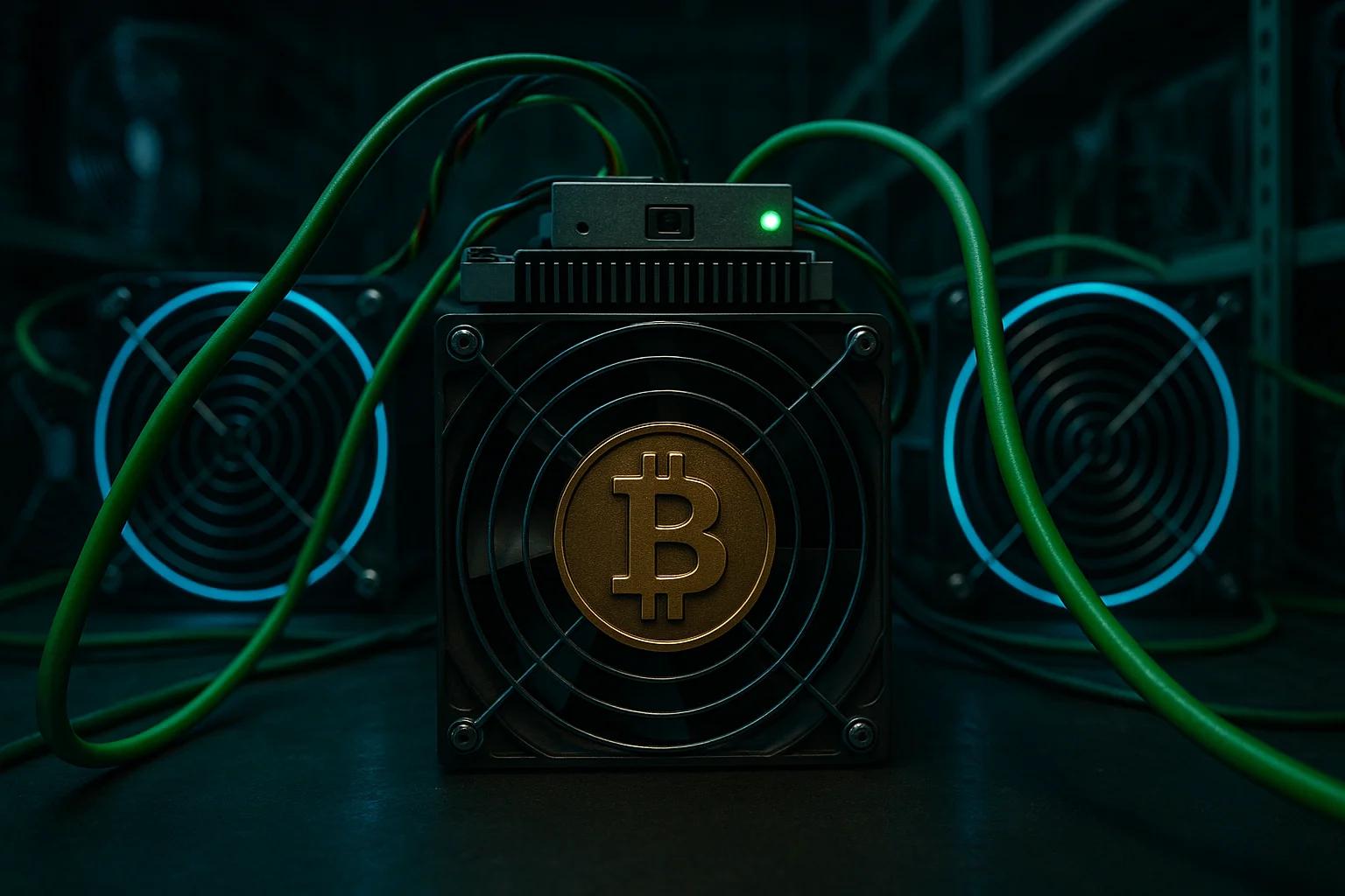 A Bitcoin mining machine with green cables