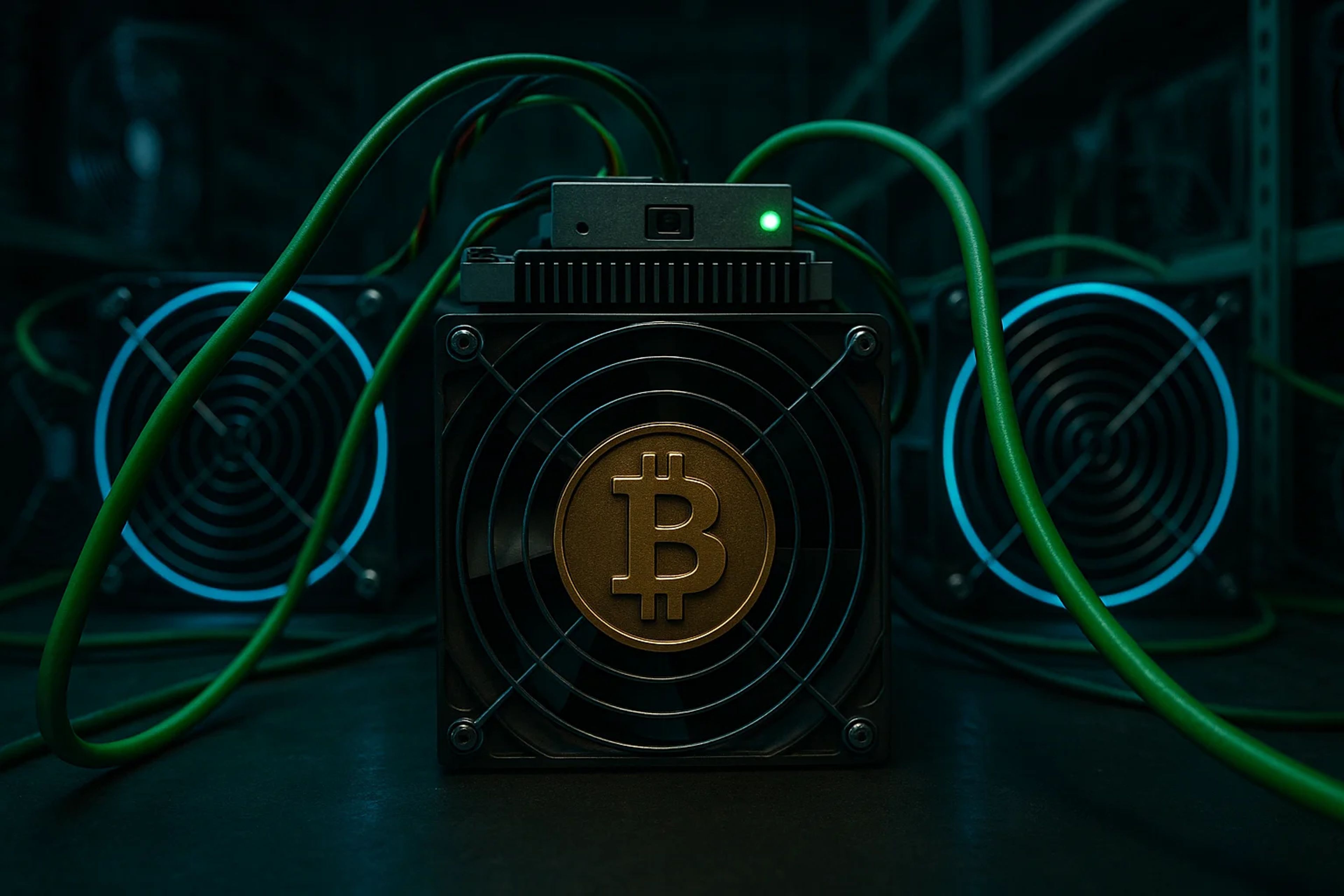 A Bitcoin mining machine with green cables