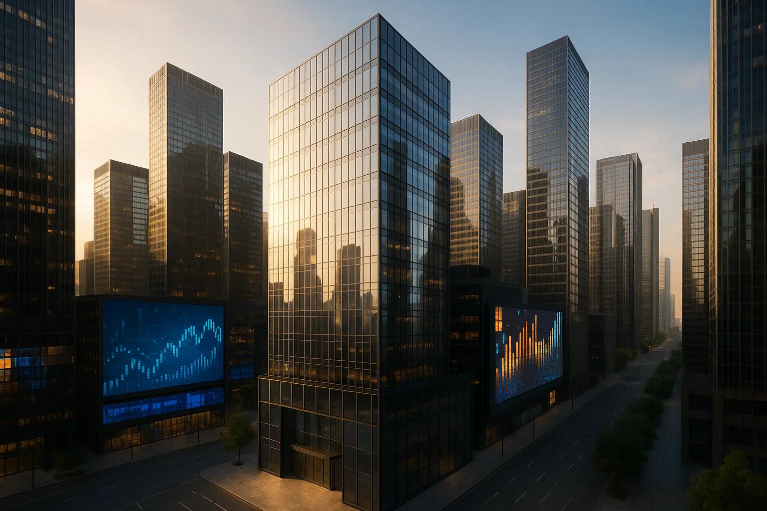Modern skyscrapers reflecting sunset light