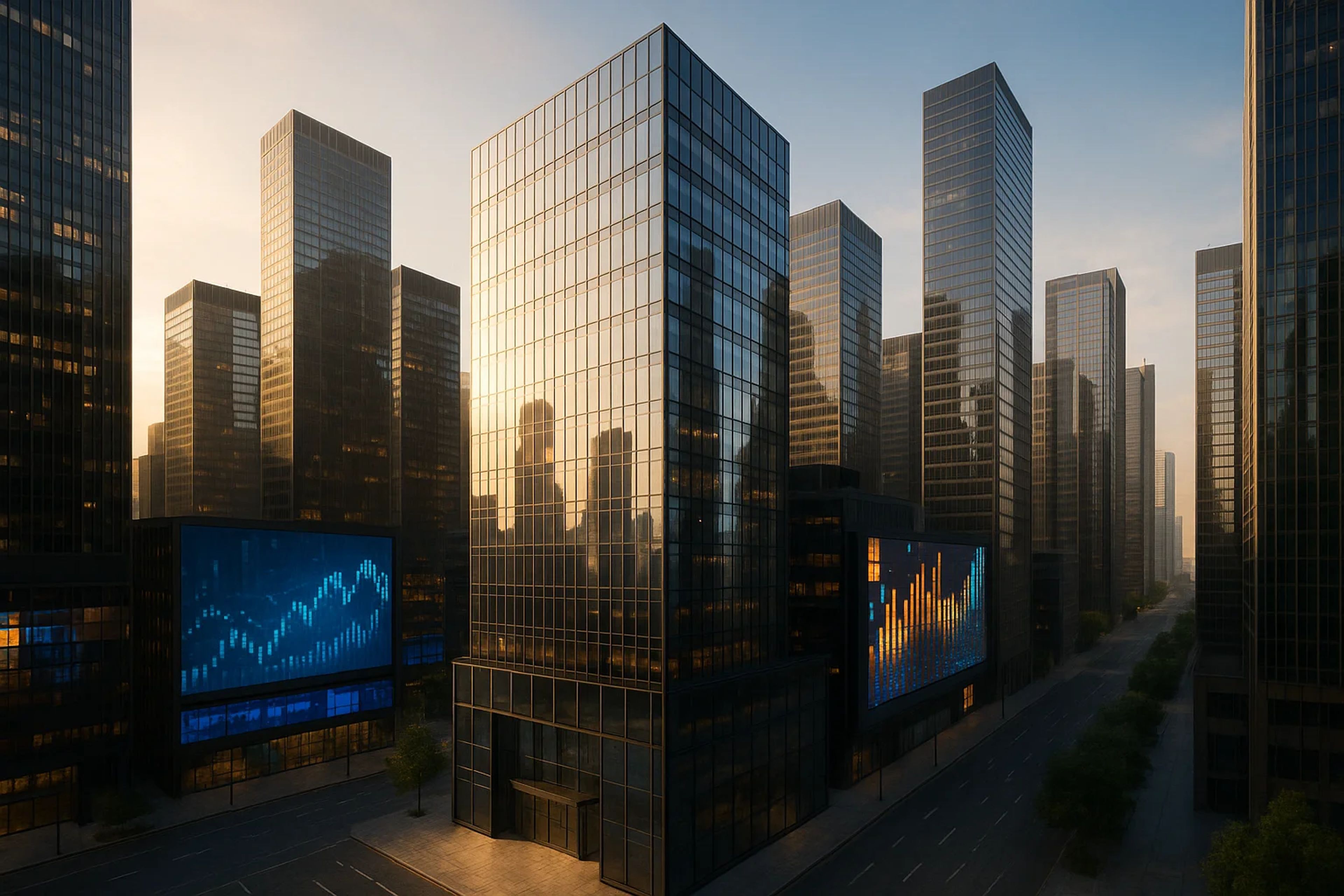 Modern skyscrapers reflecting sunset light