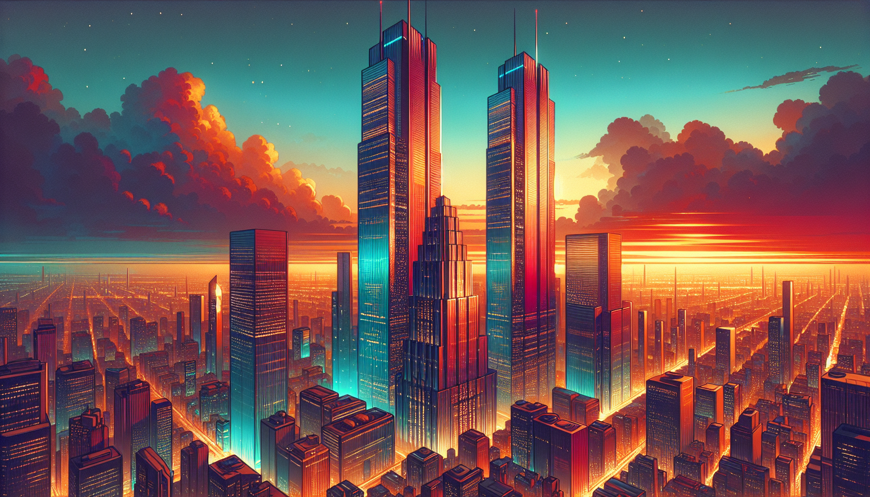 Futuristic city skyline at sunset with tall