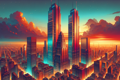 Futuristic city skyline at sunset with tall