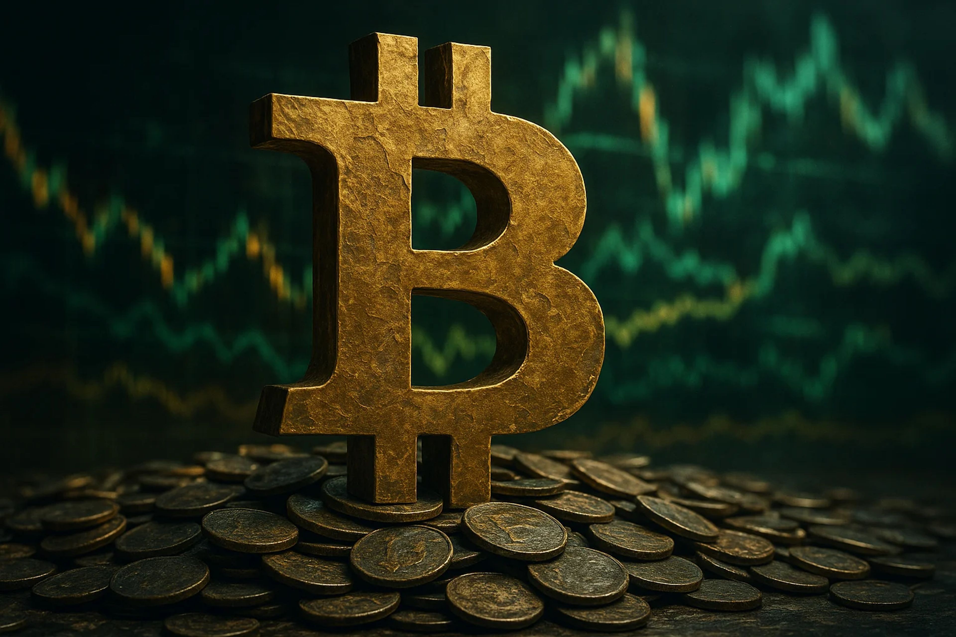 Golden Bitcoin symbol on a pile of coins