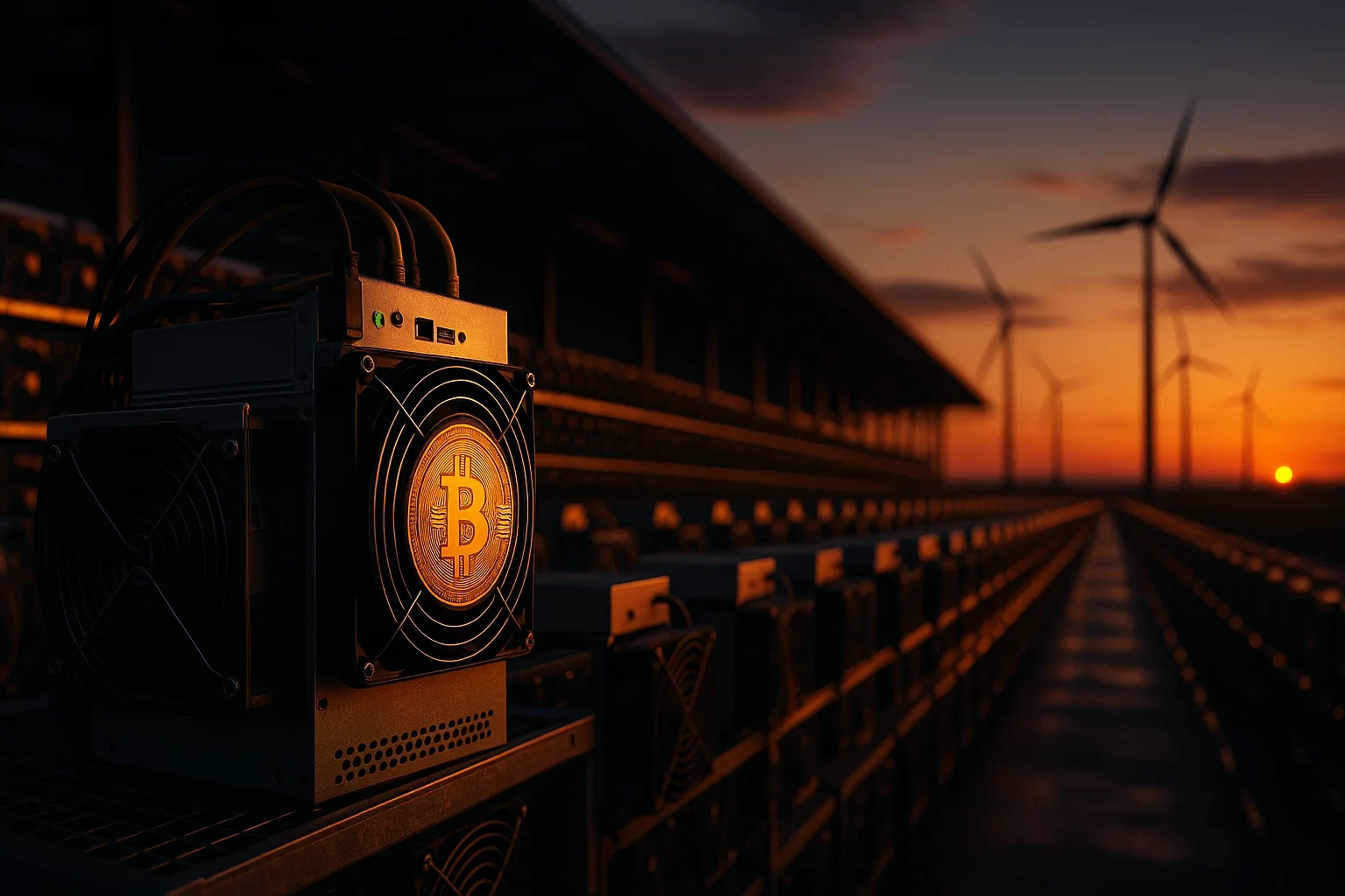 Bitcoin mining equipment at sunset near wind