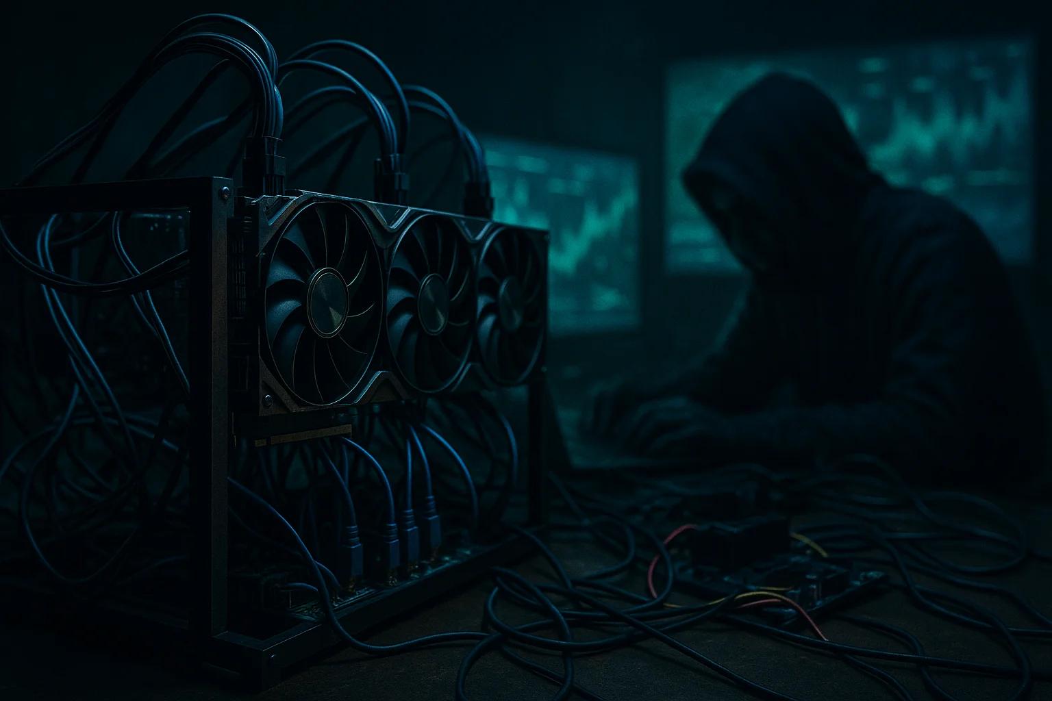 A dimly lit room with computer hardware and a