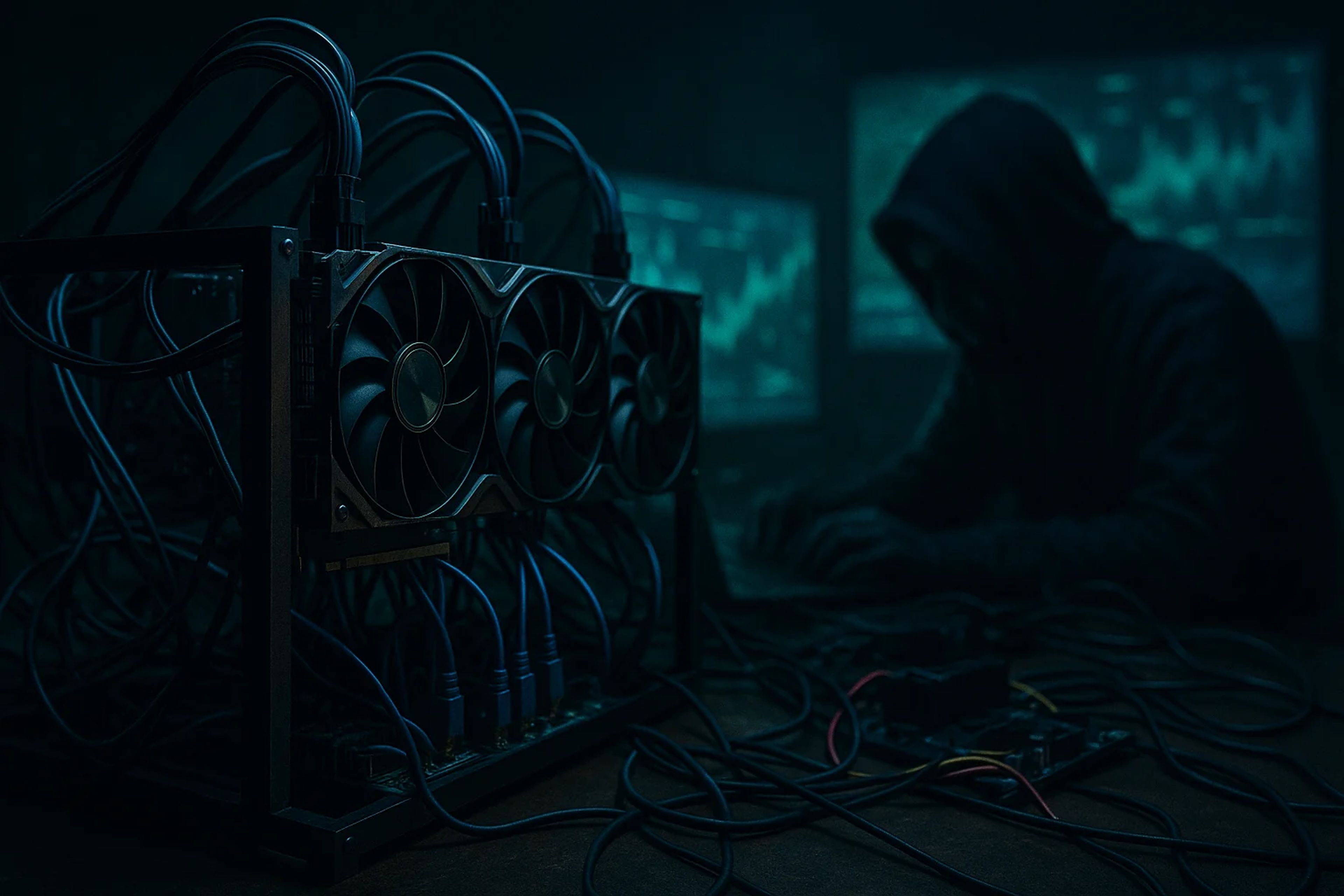 A dimly lit room with computer hardware and a