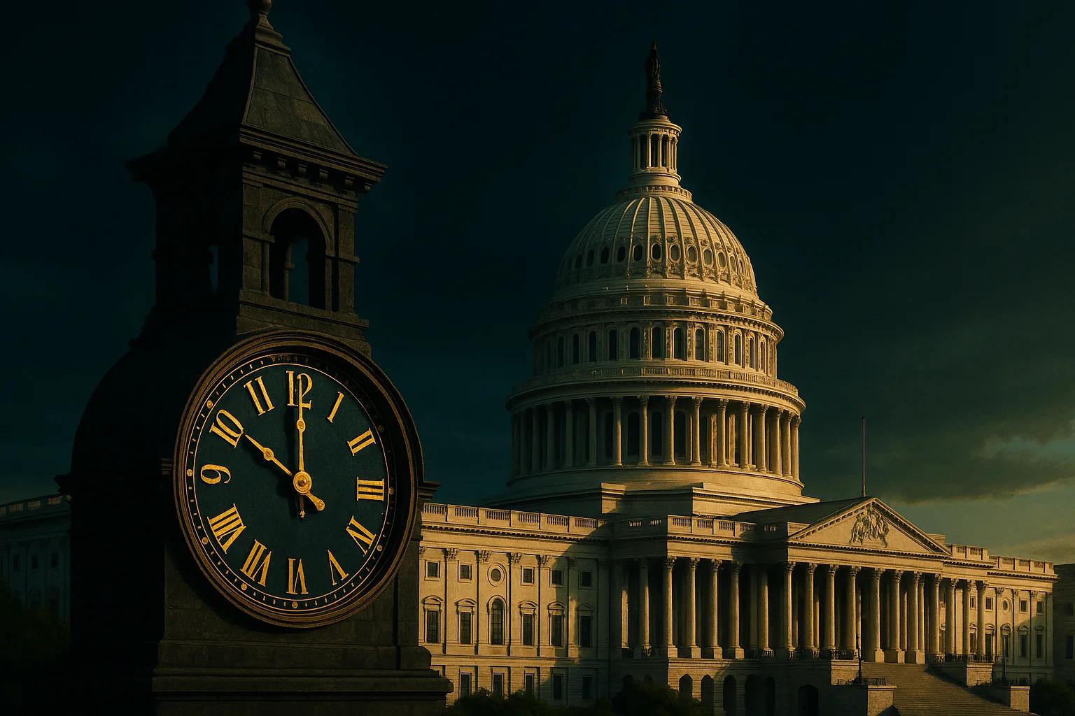 A clock tower beside the U.S. Capitol building