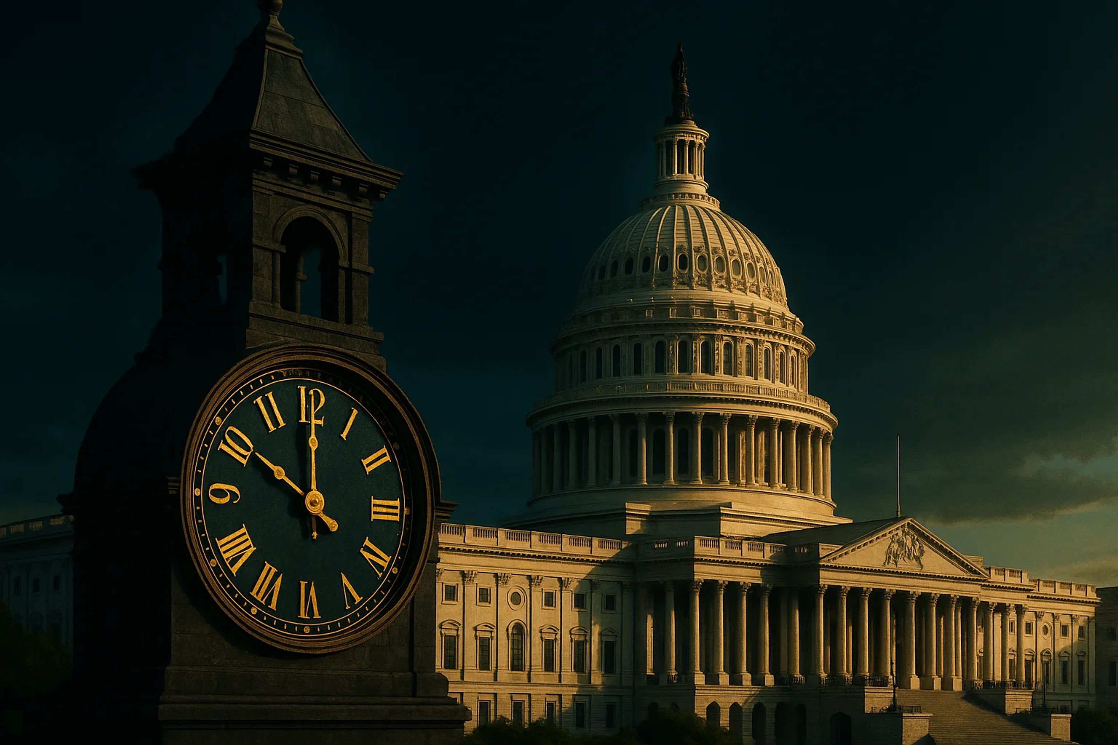 A clock tower beside the U.S. Capitol building
