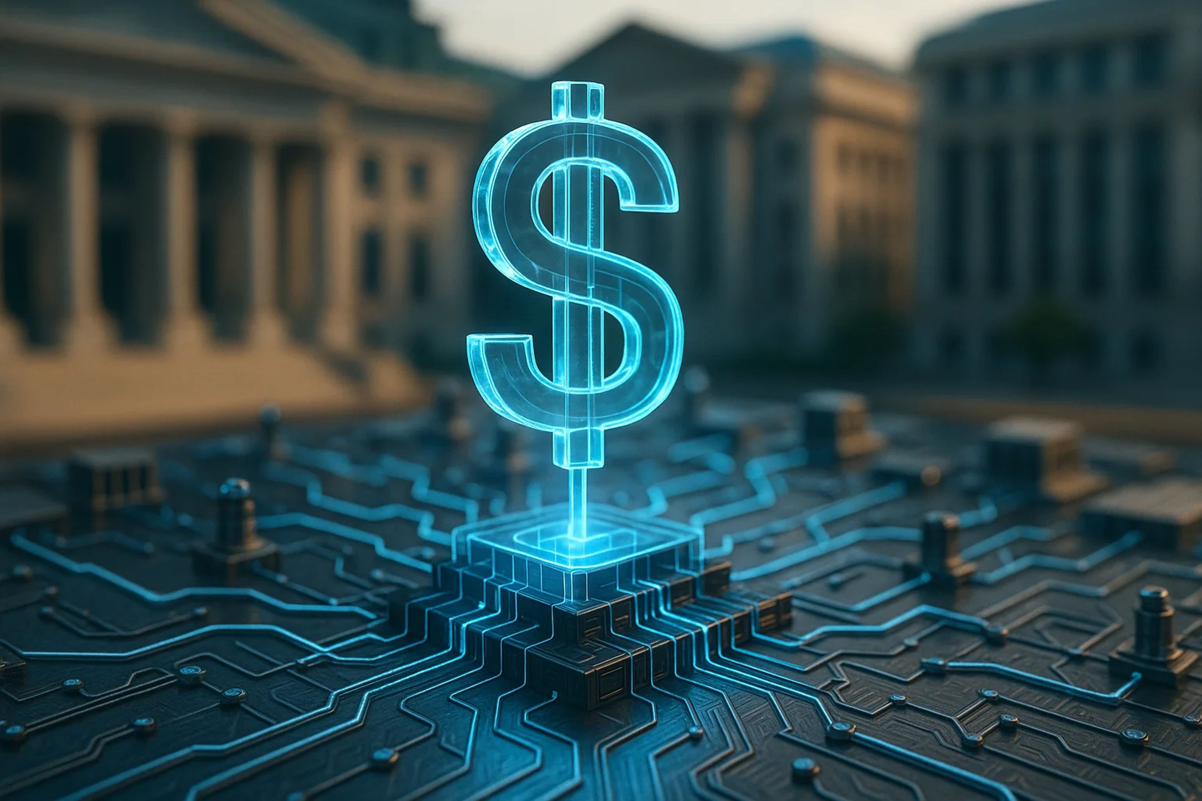 Glowing dollar sign above a circuit board