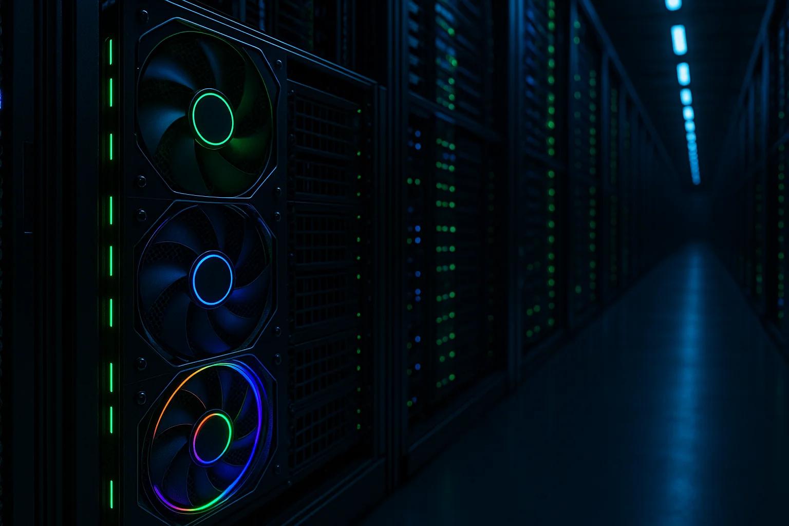 Rows of server racks with illuminated fans