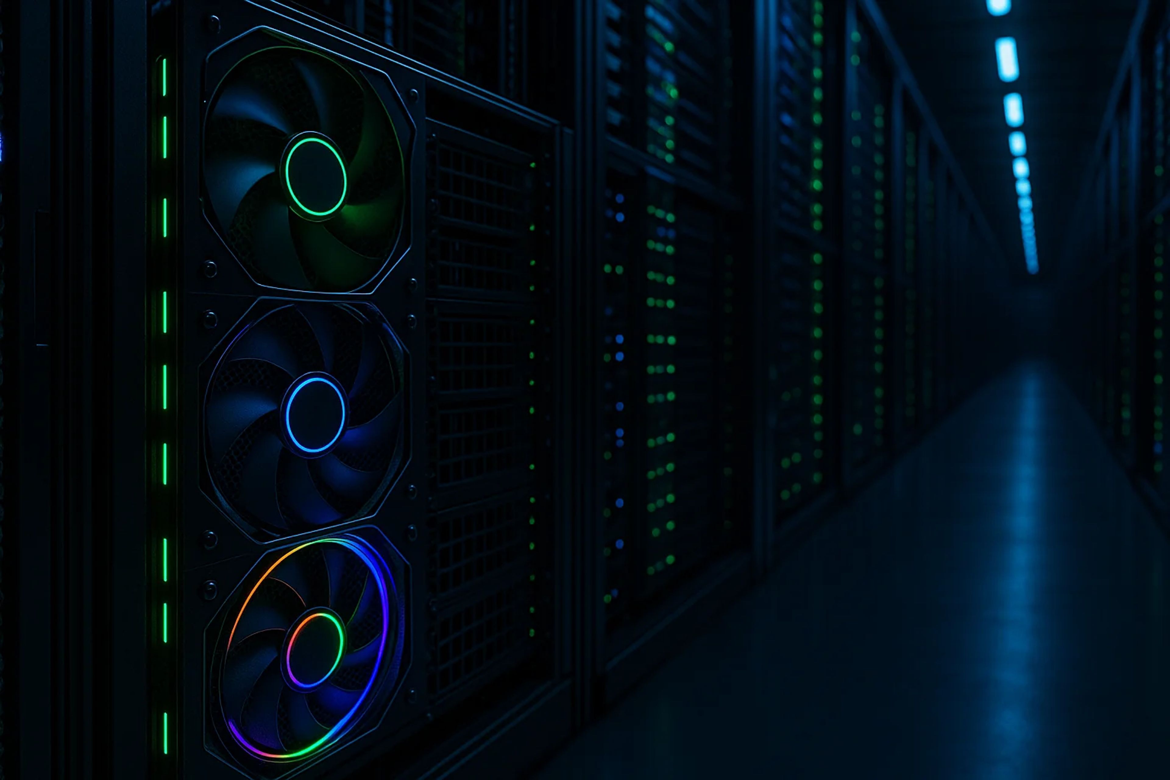 Rows of server racks with illuminated fans