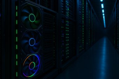 Rows of server racks with illuminated fans