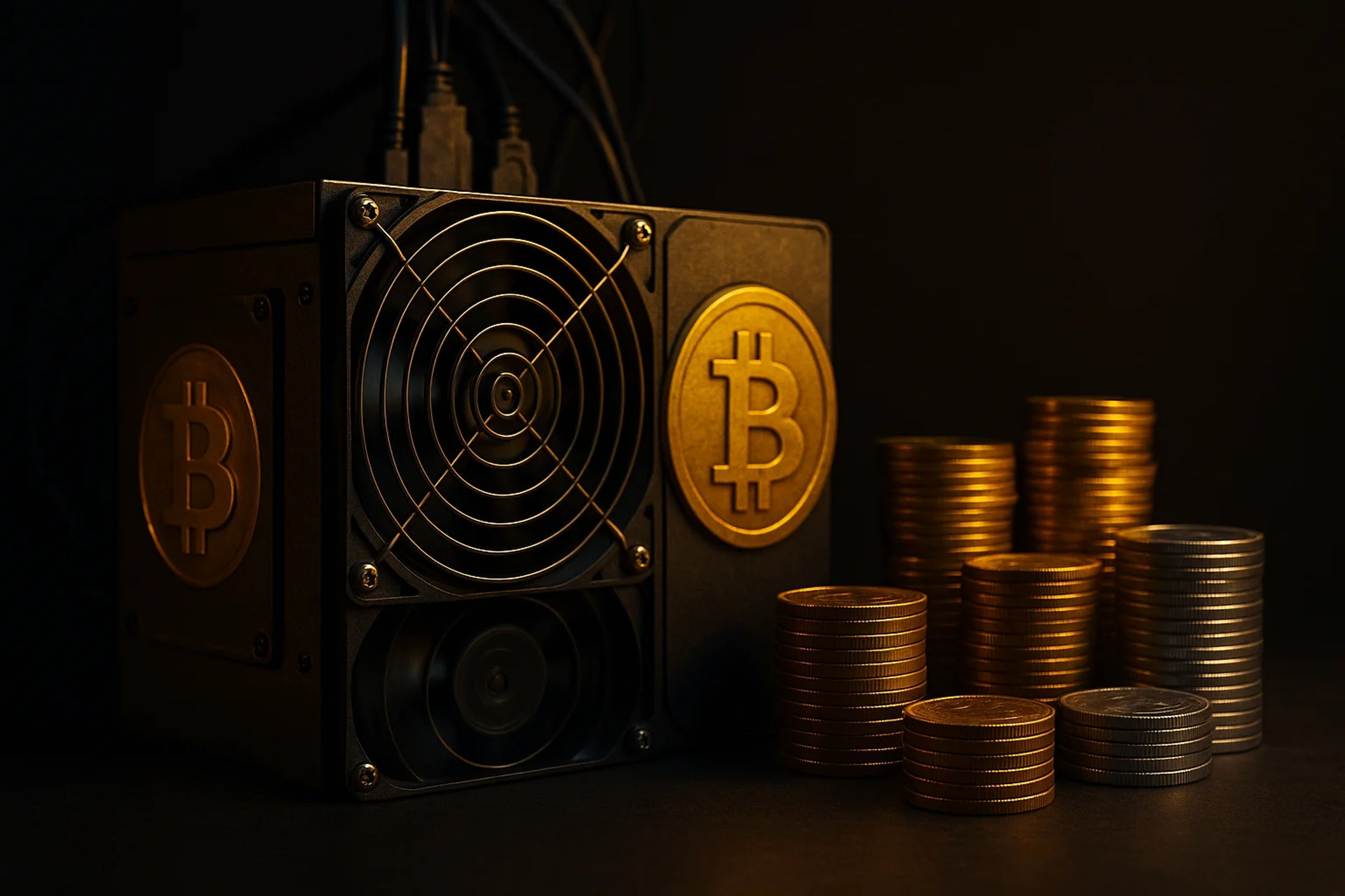 A Bitcoin mining device next to stacks of coins