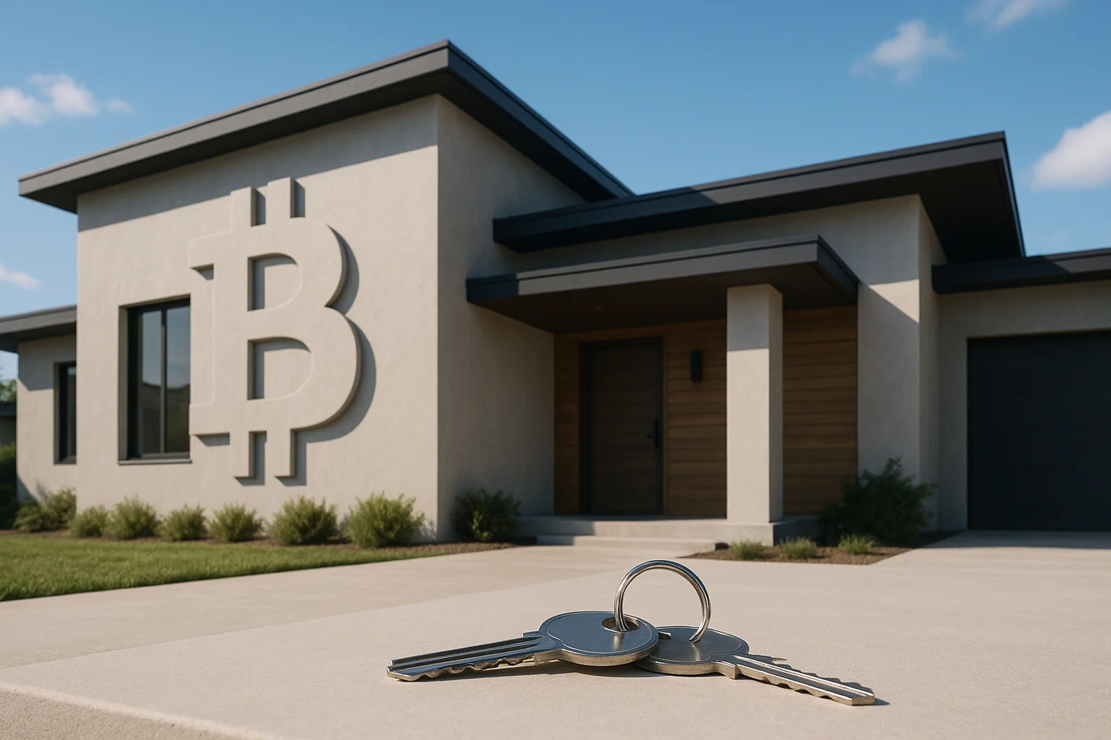 Modern house with a Bitcoin symbol on the wall