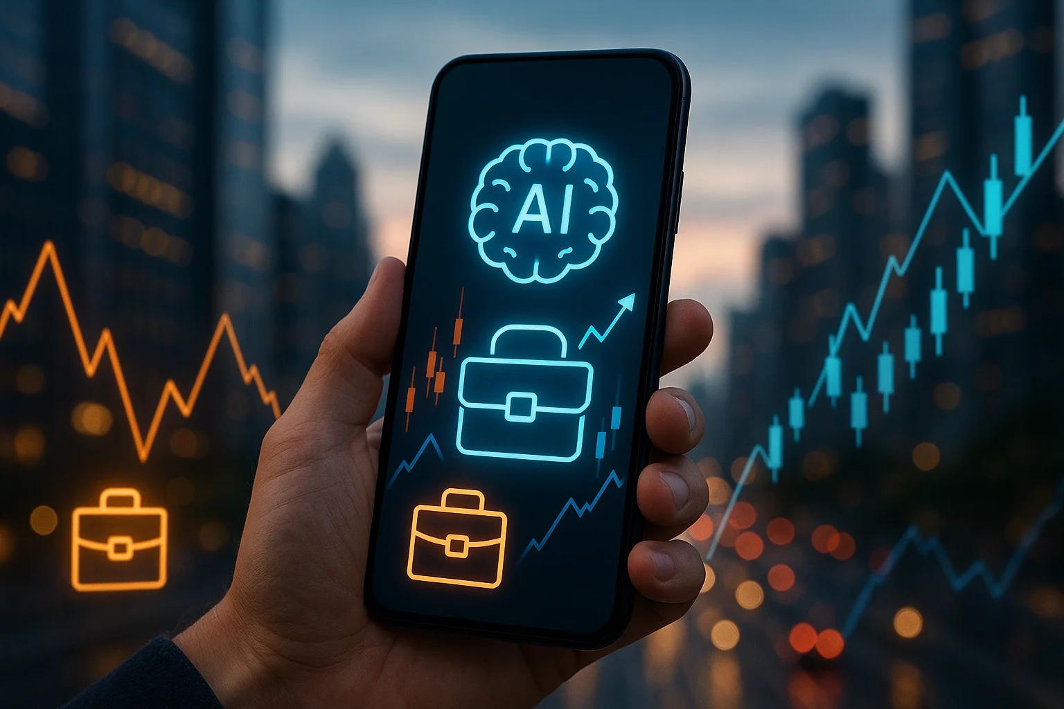 A hand holding a smartphone displaying glowing