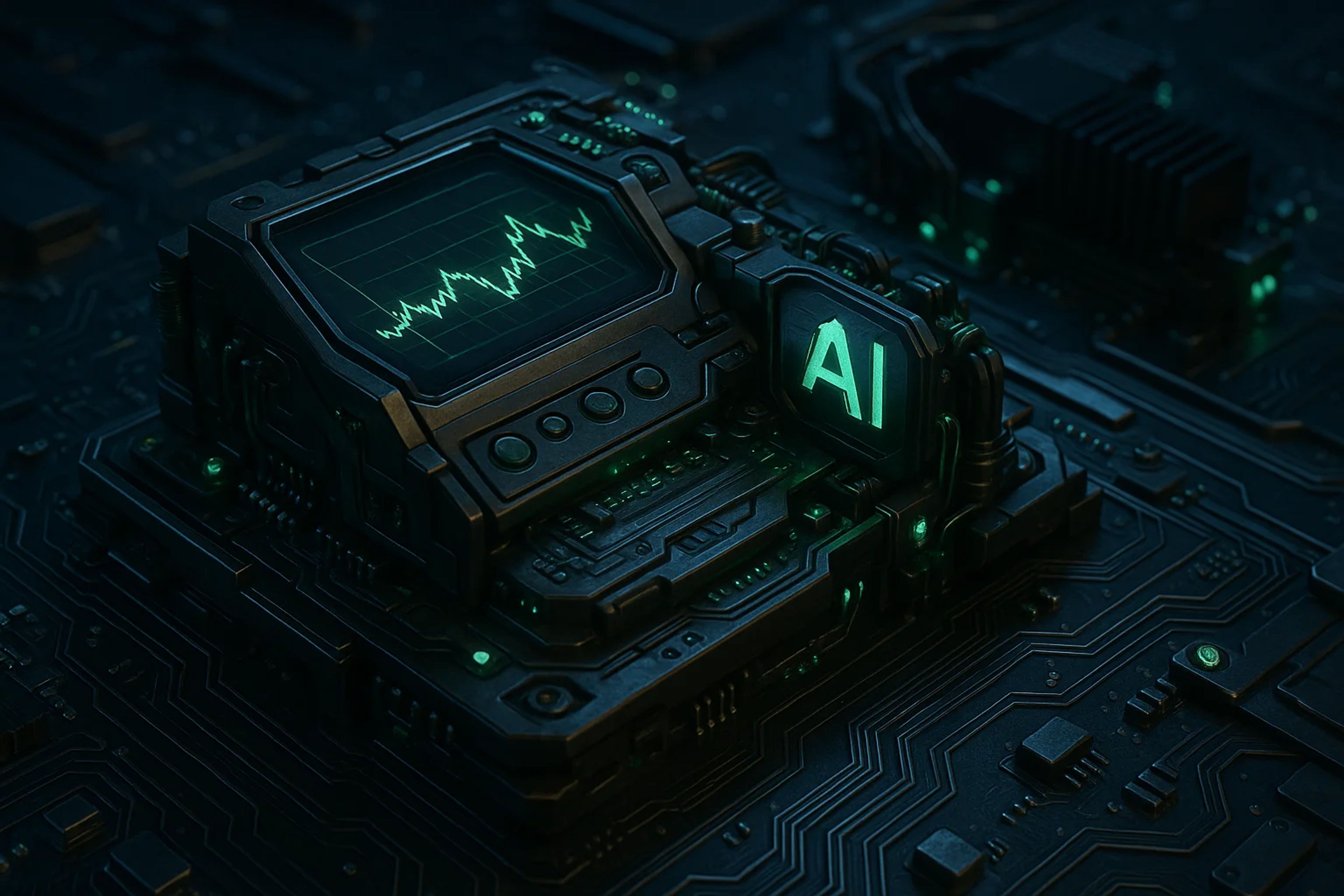 Dark circuit board with glowing AI display