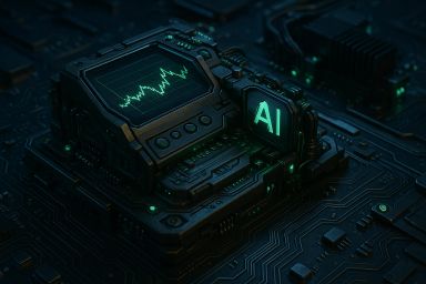 Dark circuit board with glowing AI display