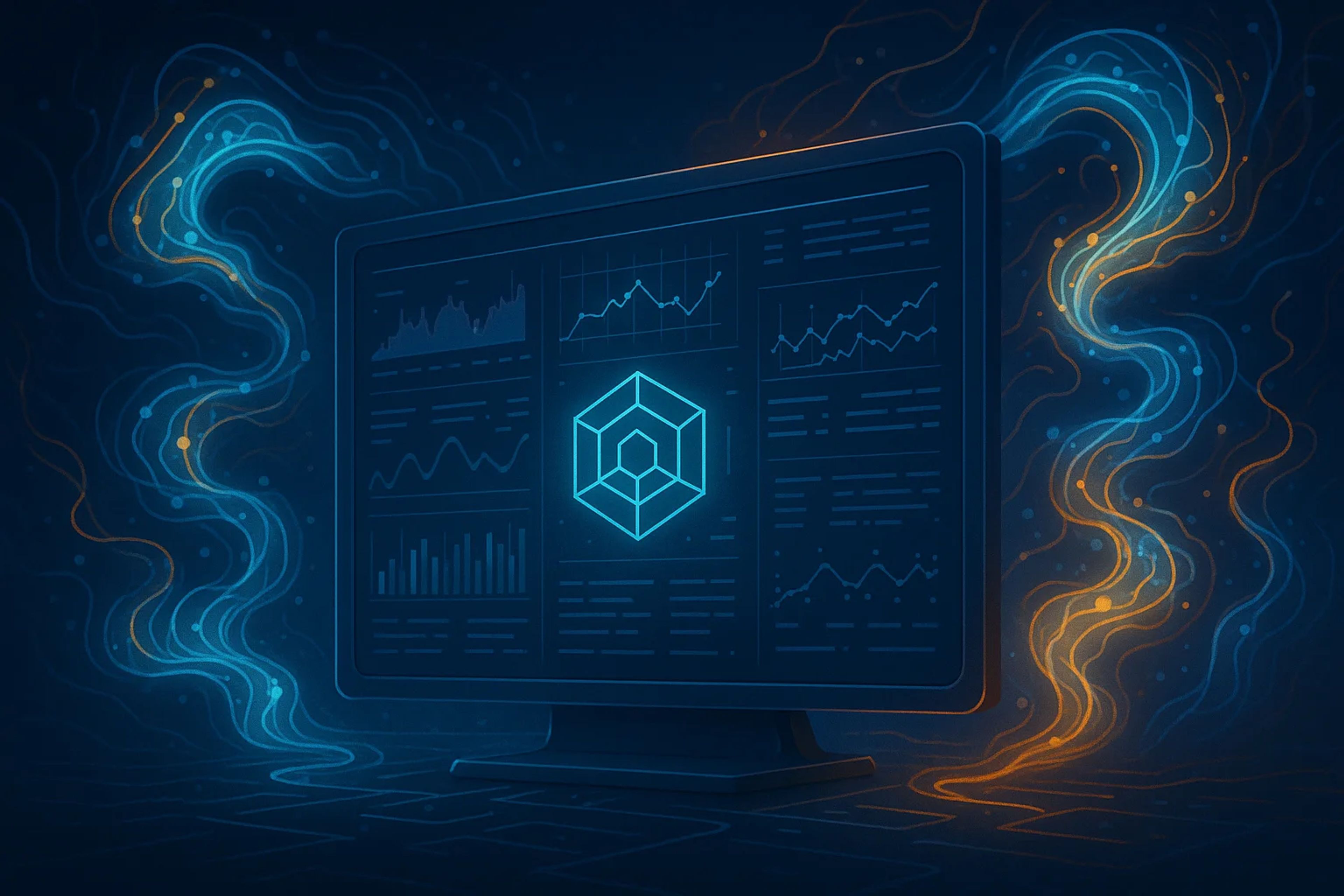 A dark-themed digital interface with glowing