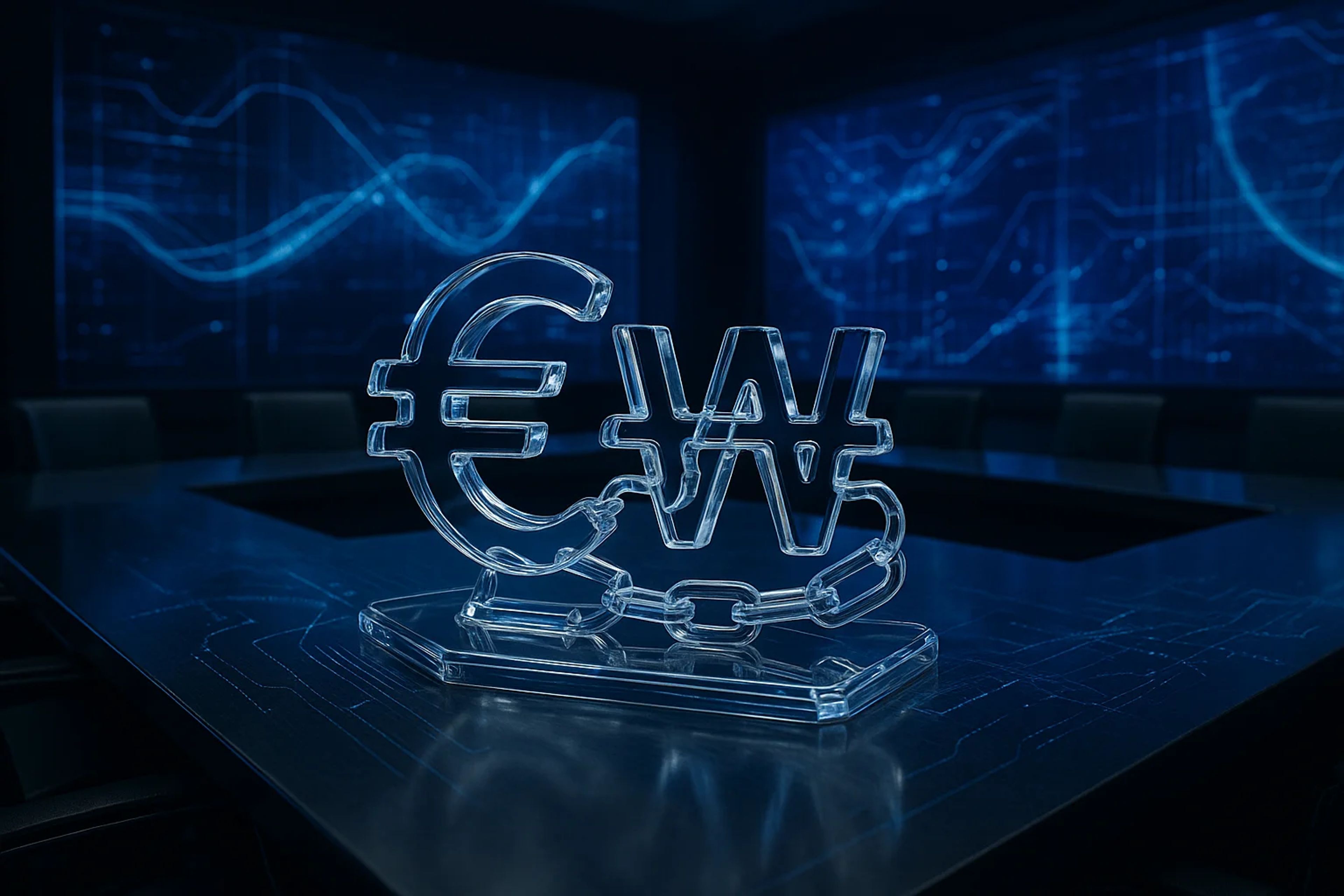 Clear currency symbols on a dark conference table