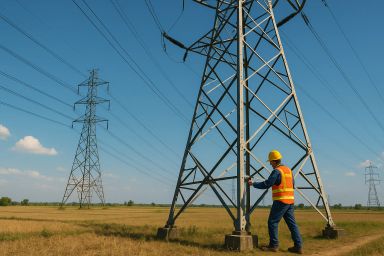 A worker in a hard hat and safety vest near power