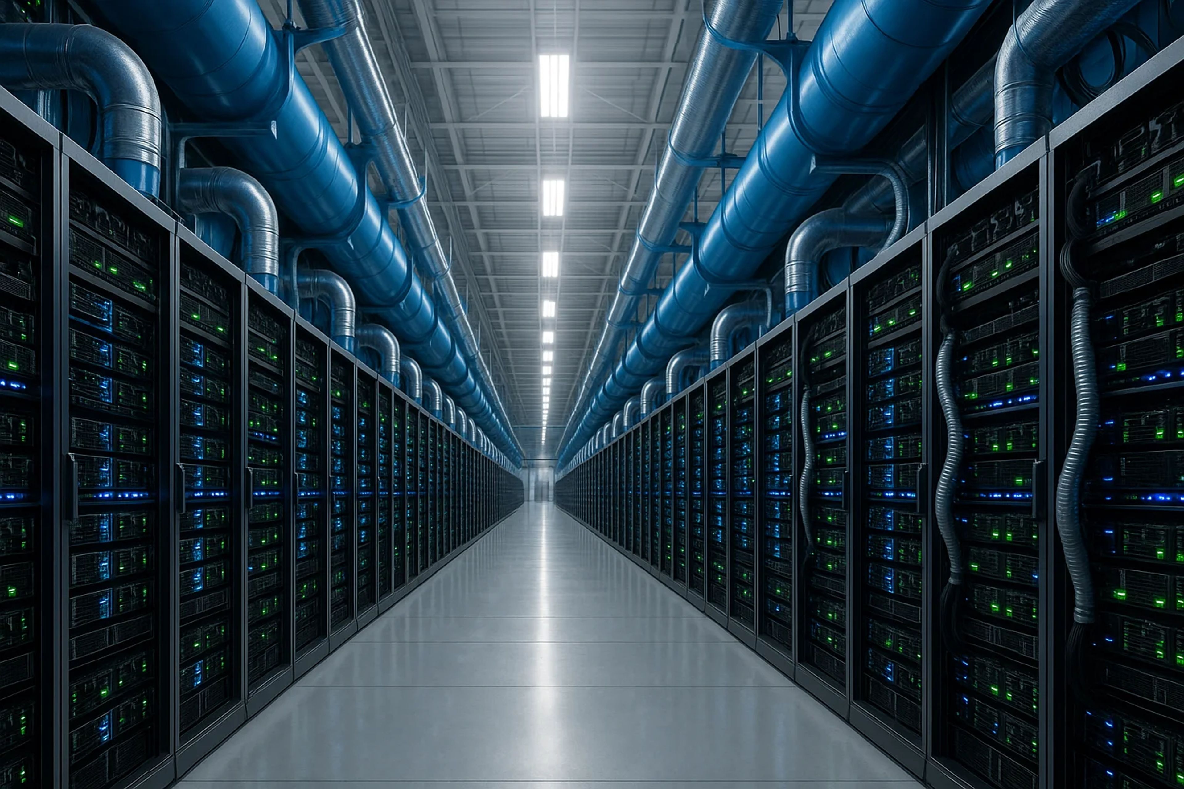 A long corridor lined with server racks