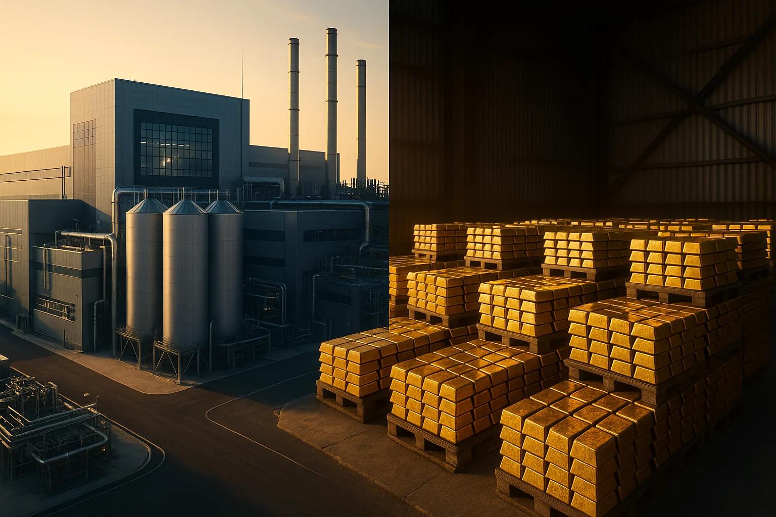 Industrial building with silos and stacks beside