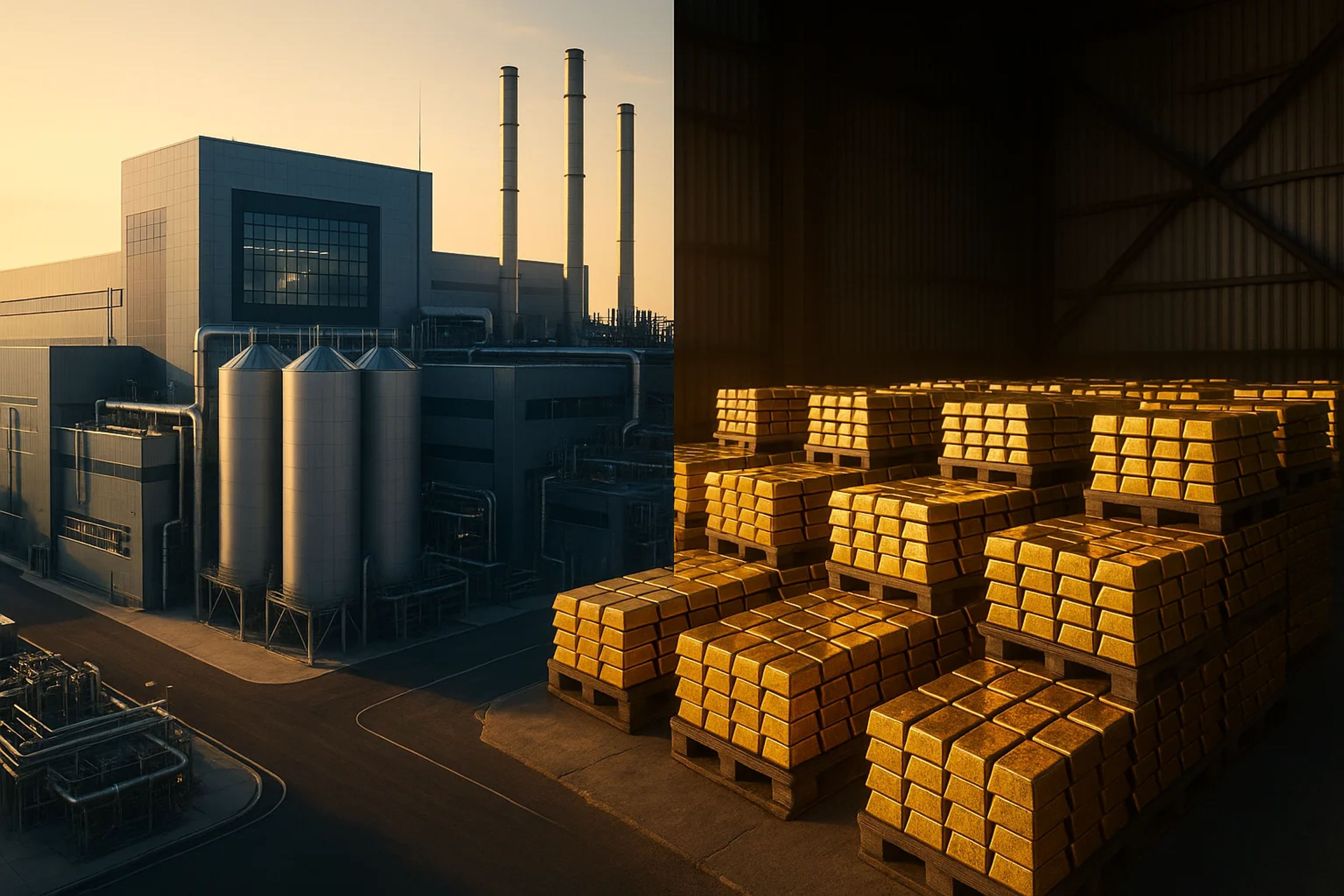 Industrial building with silos and stacks beside