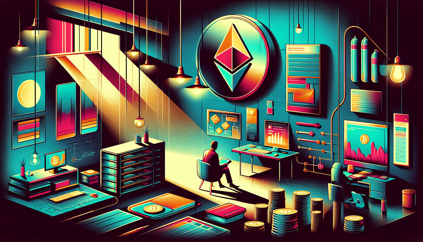 A stylized digital workspace with vibrant colors