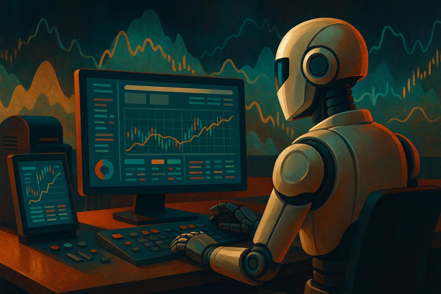 A robot seated at a desk with a computer and