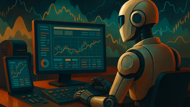 A robot seated at a desk with a computer and