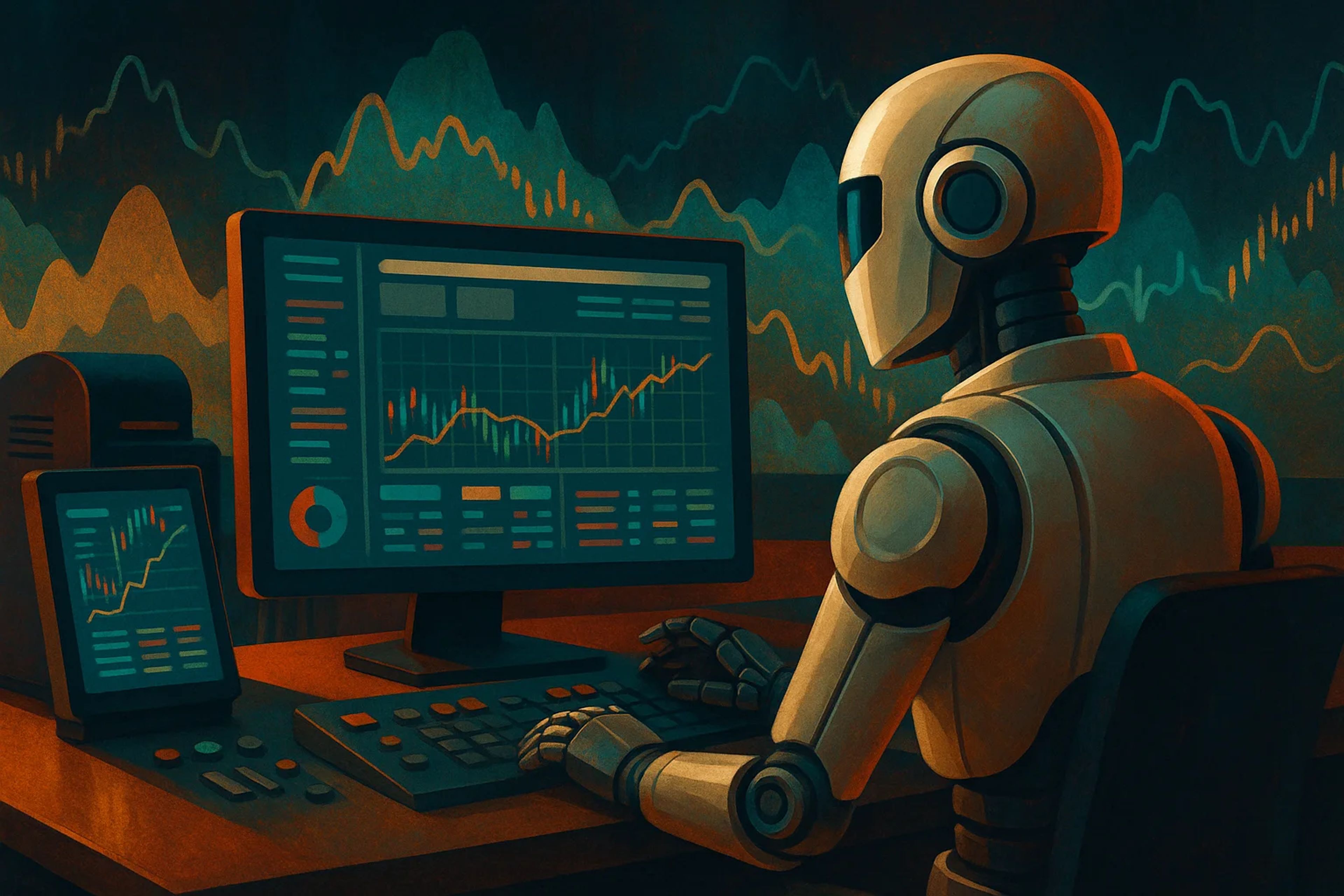 A robot seated at a desk with a computer and