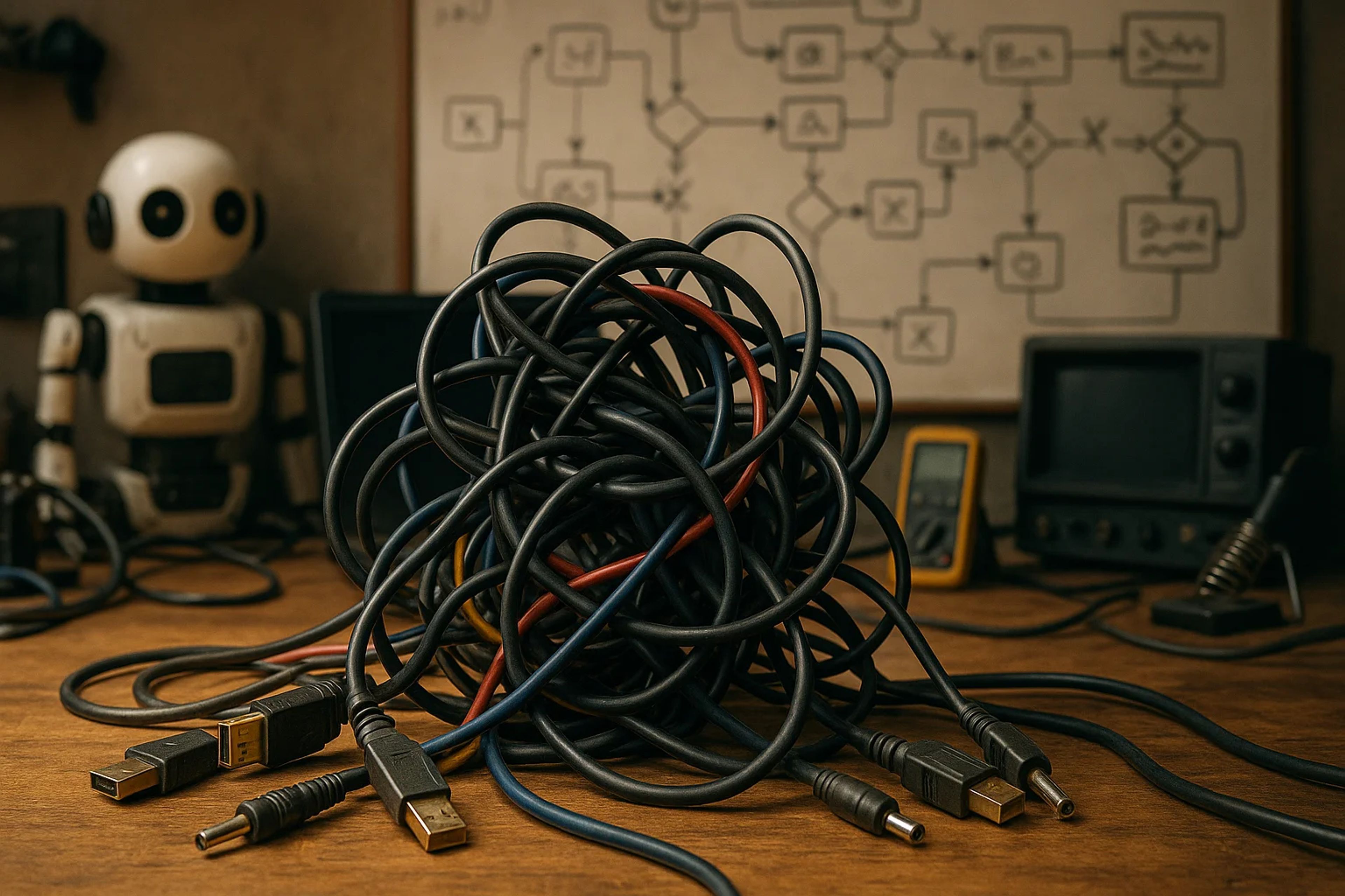 A tangled mess of various cables on a wooden table