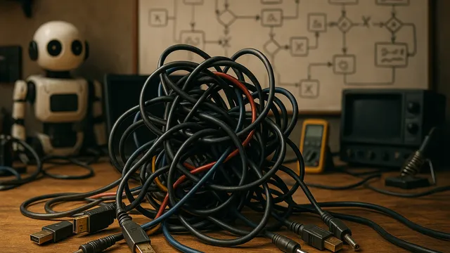A tangled mess of various cables on a wooden table