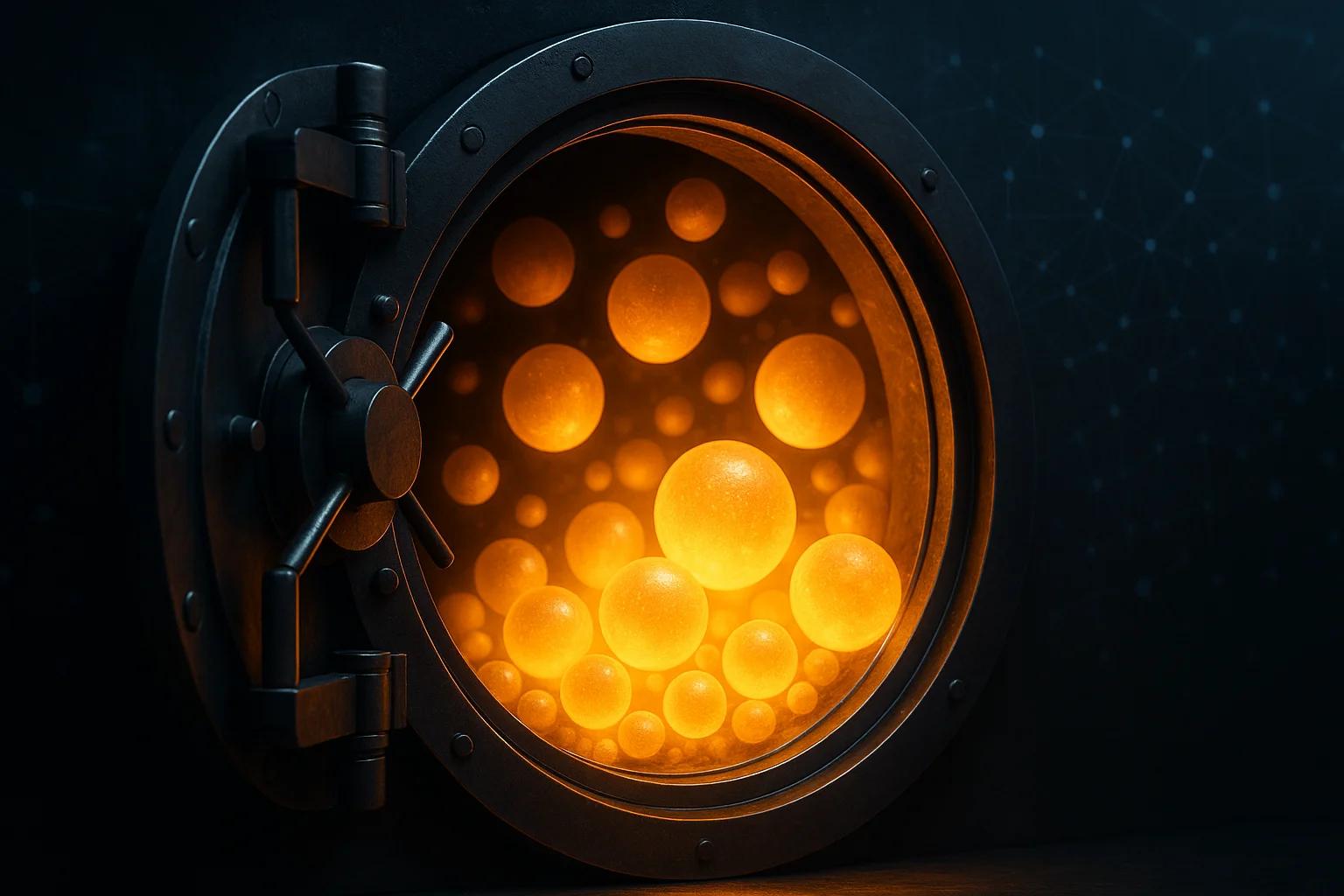 A circular vault door with glowing orange spheres
