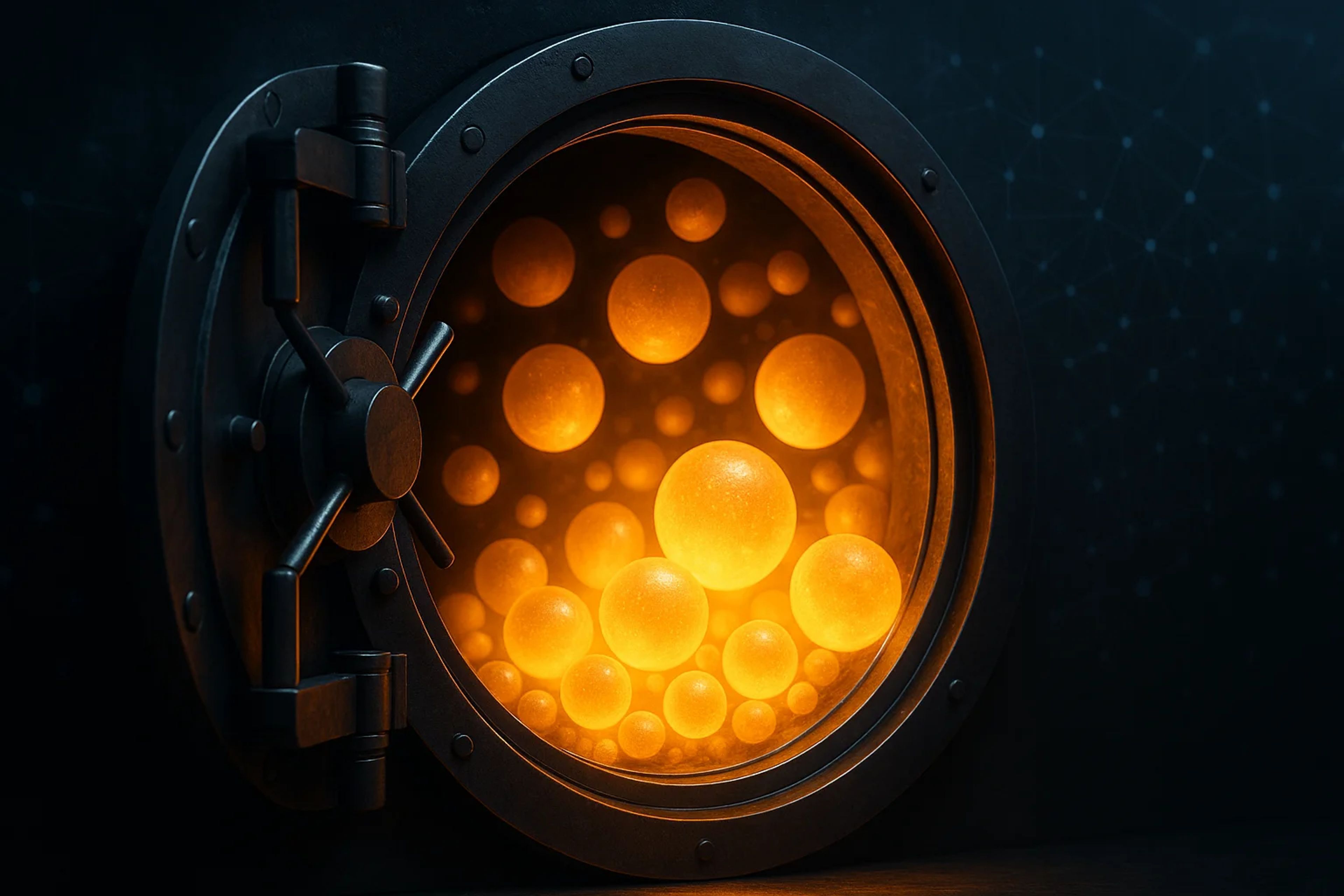 A circular vault door with glowing orange spheres