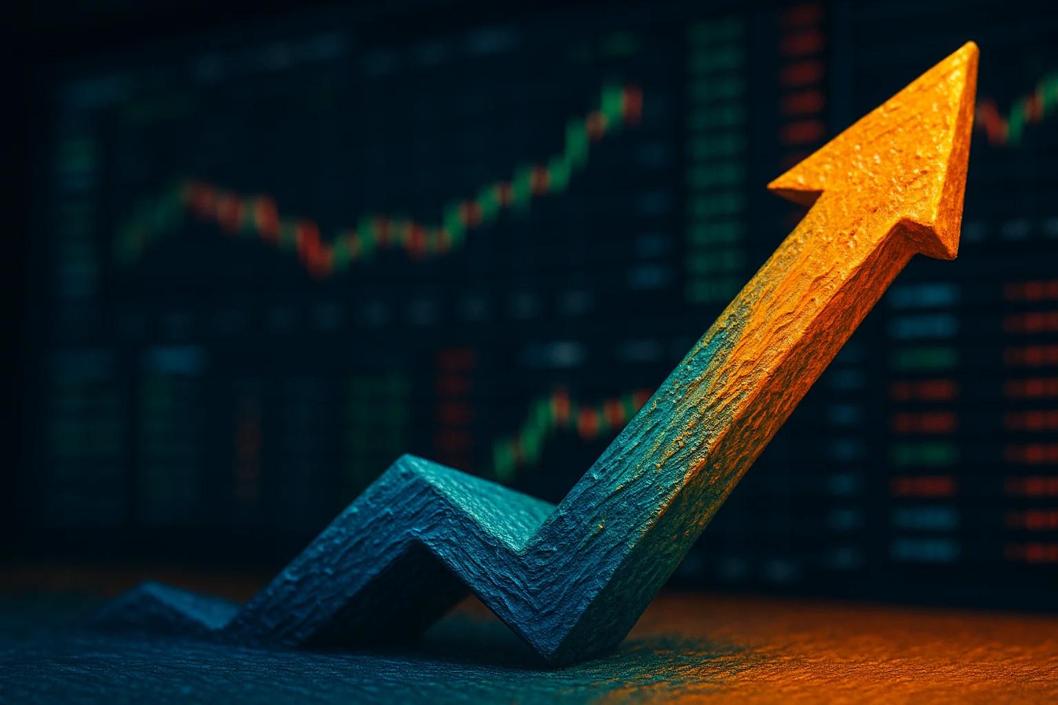 3D arrow pointing upwards against a dark