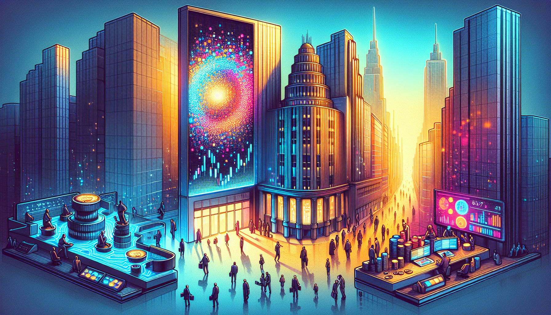 Cityscape with tall buildings, vibrant colors