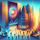 Cityscape with tall buildings, vibrant colors