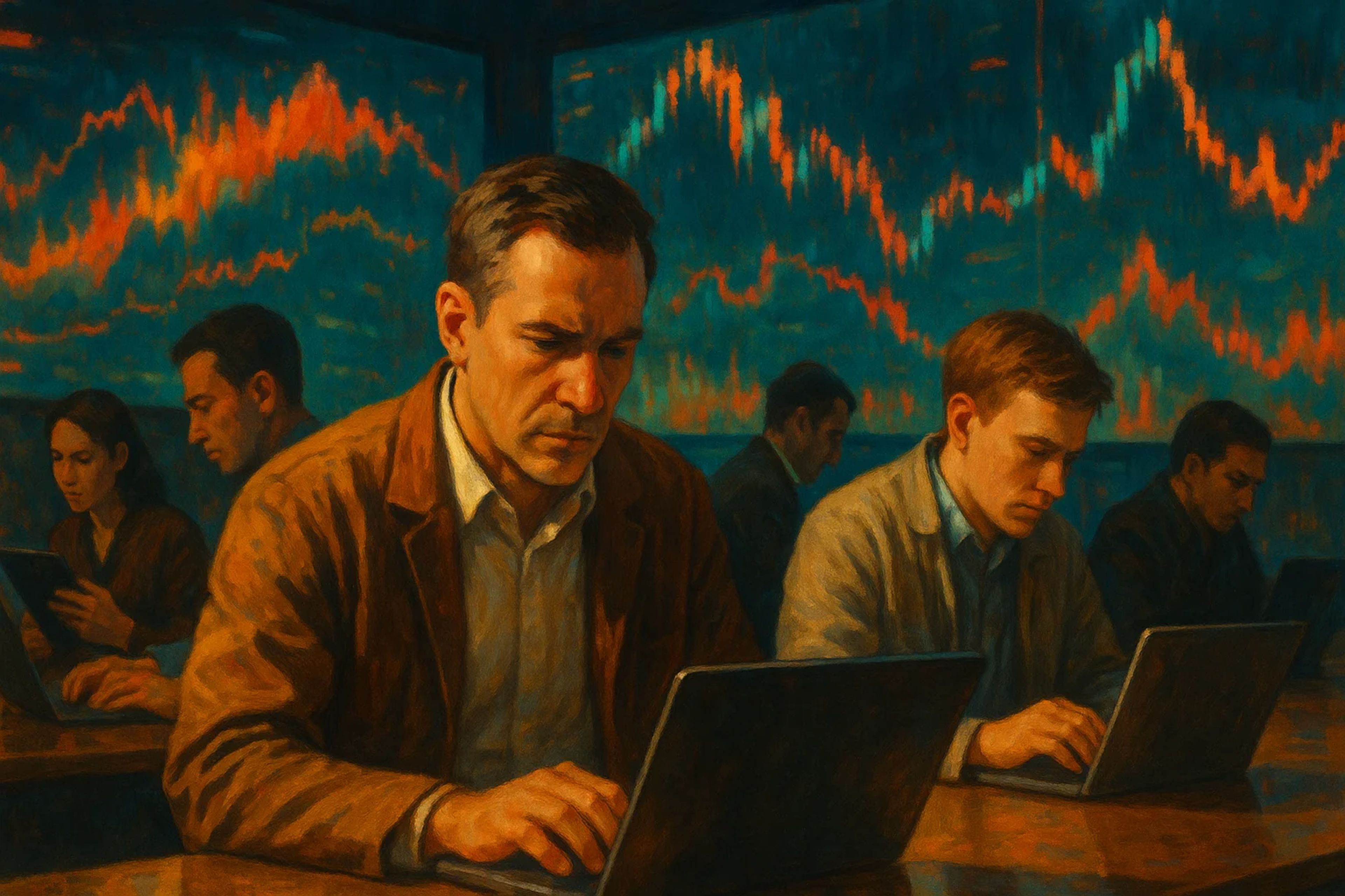 Group of people working on laptops in a dimly lit