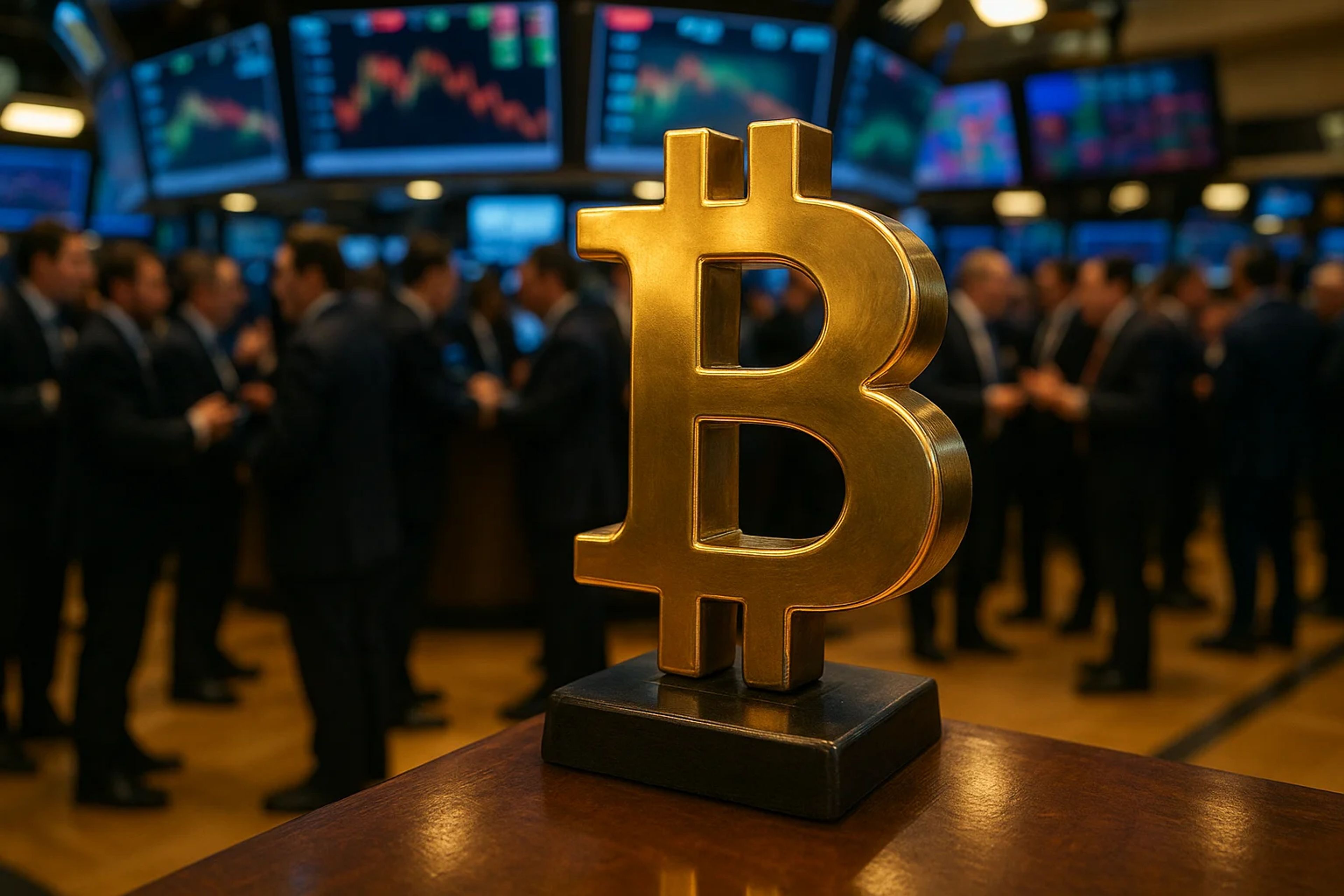 Golden Bitcoin symbol in foreground with traders