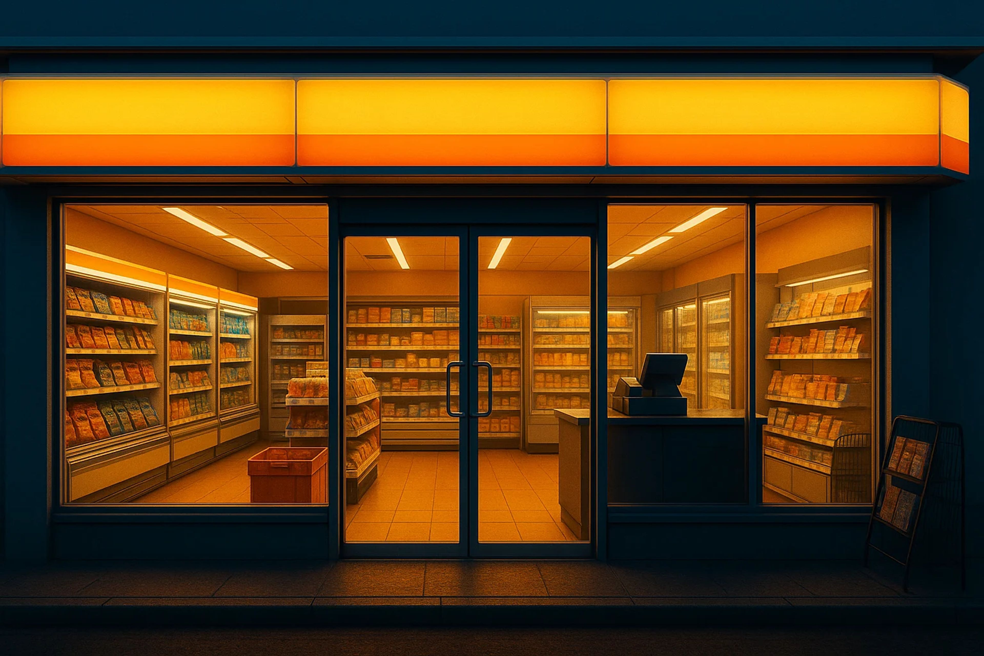 A brightly lit convenience store at night