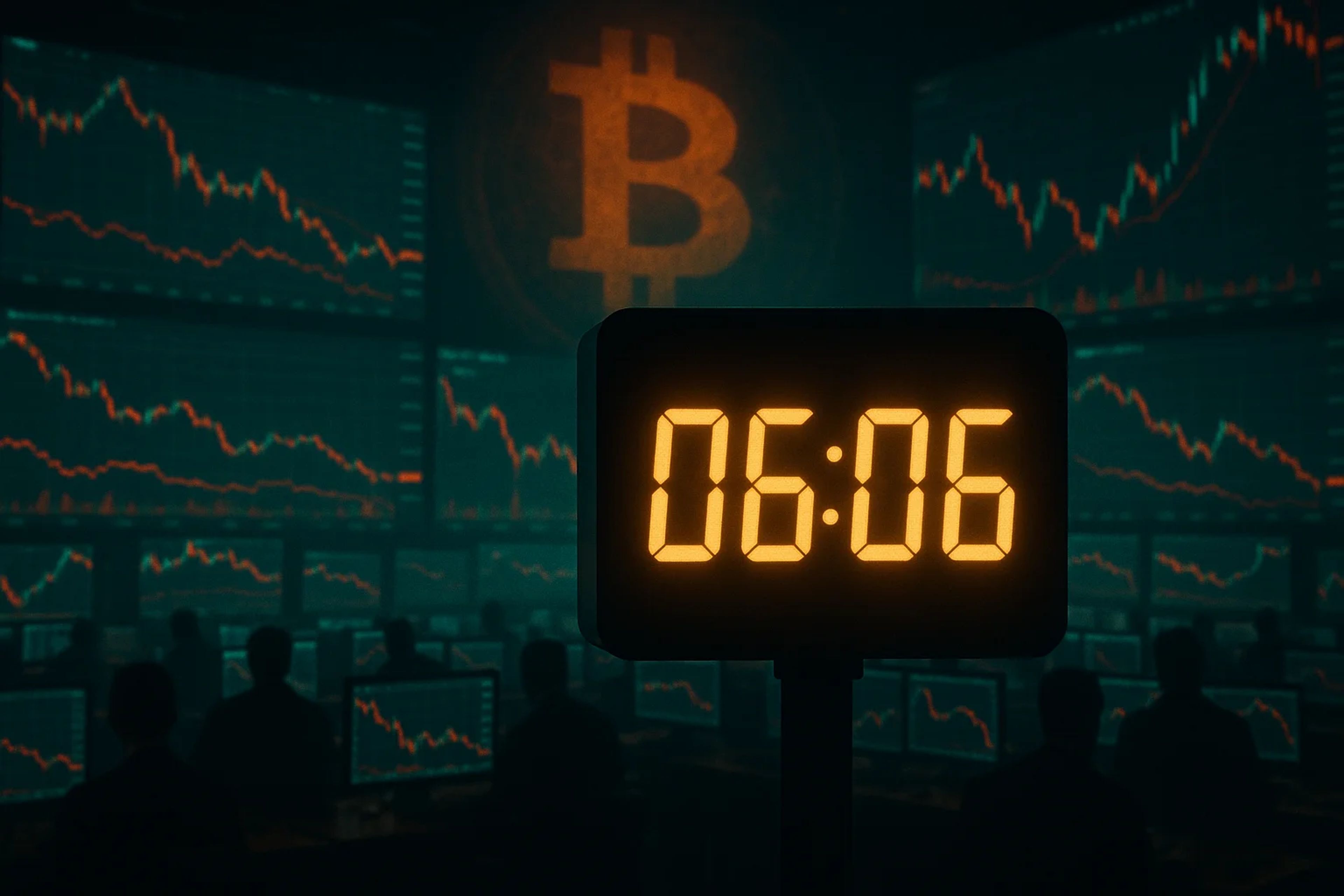 Digital clock displaying 06:06 in a trading room