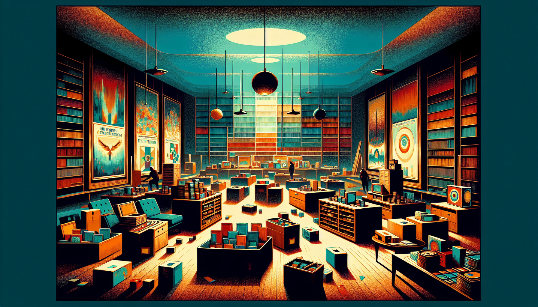 A colorful, cluttered room filled with boxes and