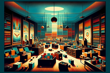 A colorful, cluttered room filled with boxes and