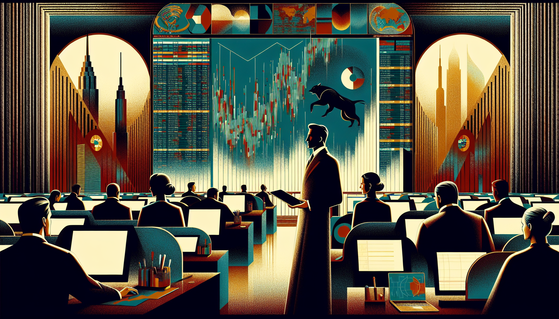 Stylized office scene with people at desks, a