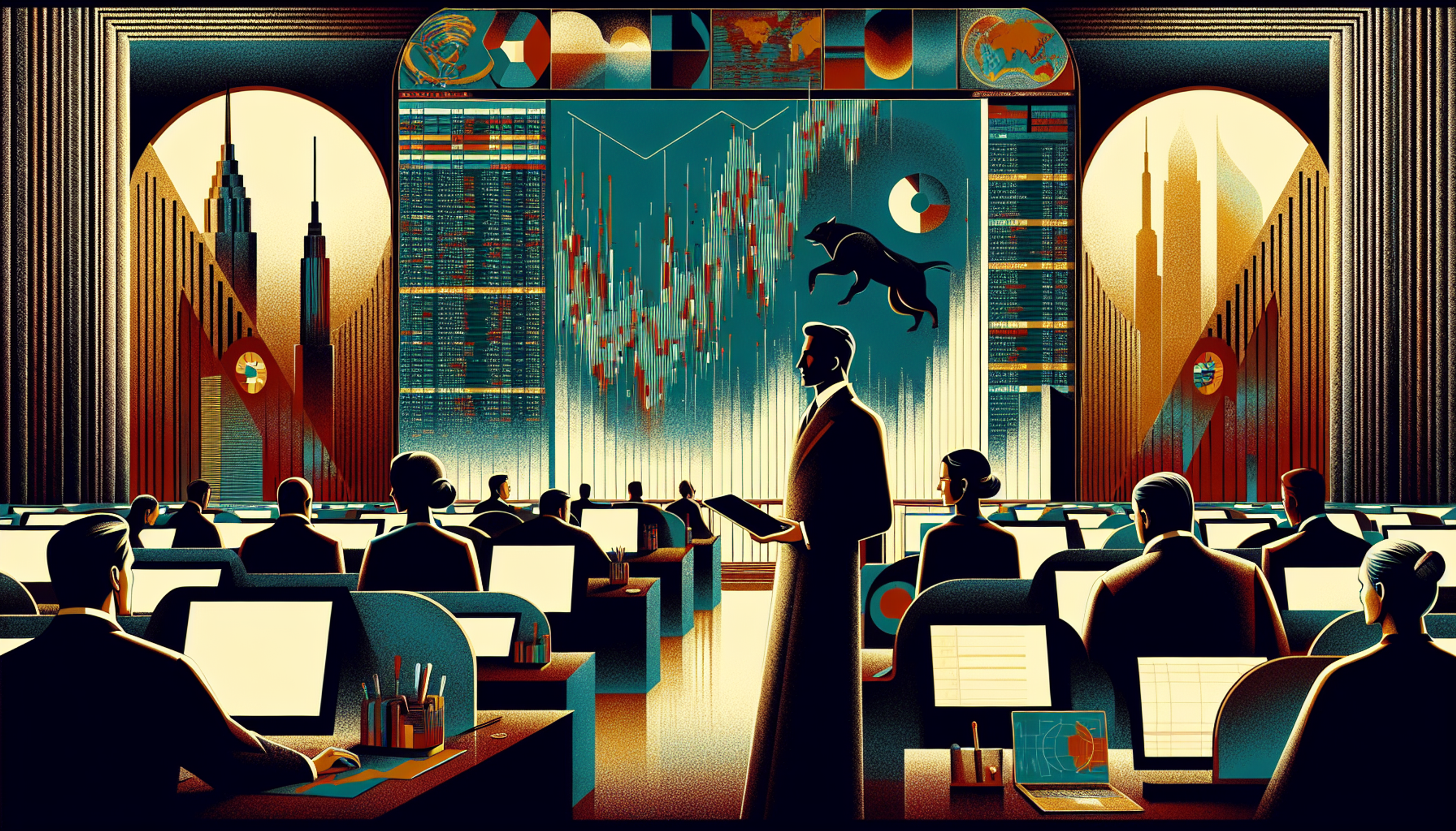 Stylized office scene with people at desks, a