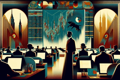 Stylized office scene with people at desks, a