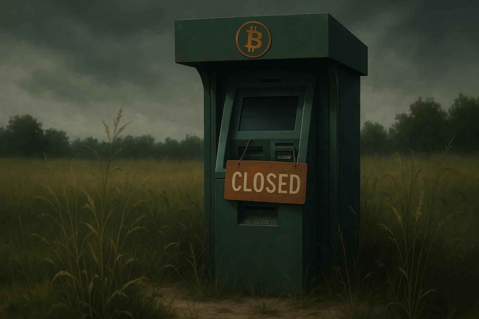 Abandoned Bitcoin ATM in a grassy field