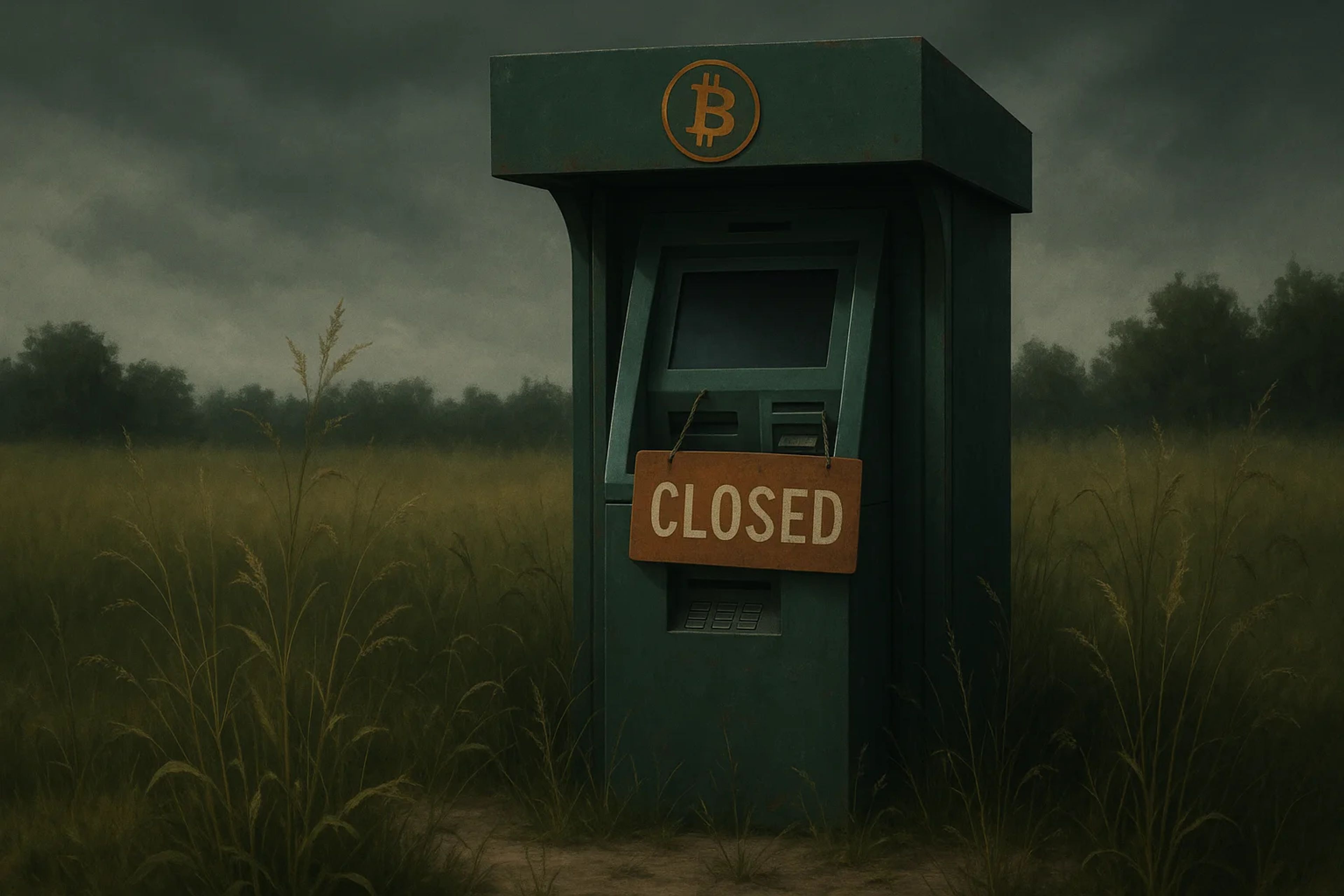 Abandoned Bitcoin ATM in a grassy field
